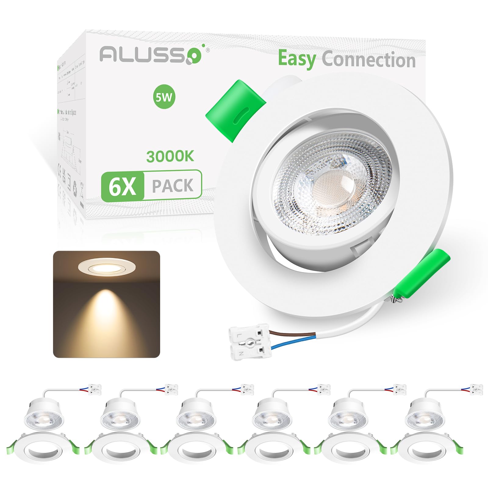 ALUSSO LED Einbaustrahler 230V Flach IP44, 4W LED Spots 280LM, Warmweiß 3000K Einbauleuchten, 30mm Ultra Flach, Einbauspot Loch 55-68mm, Deckenspots für Badezimmer Küche Wohnzimmer, 6er Set