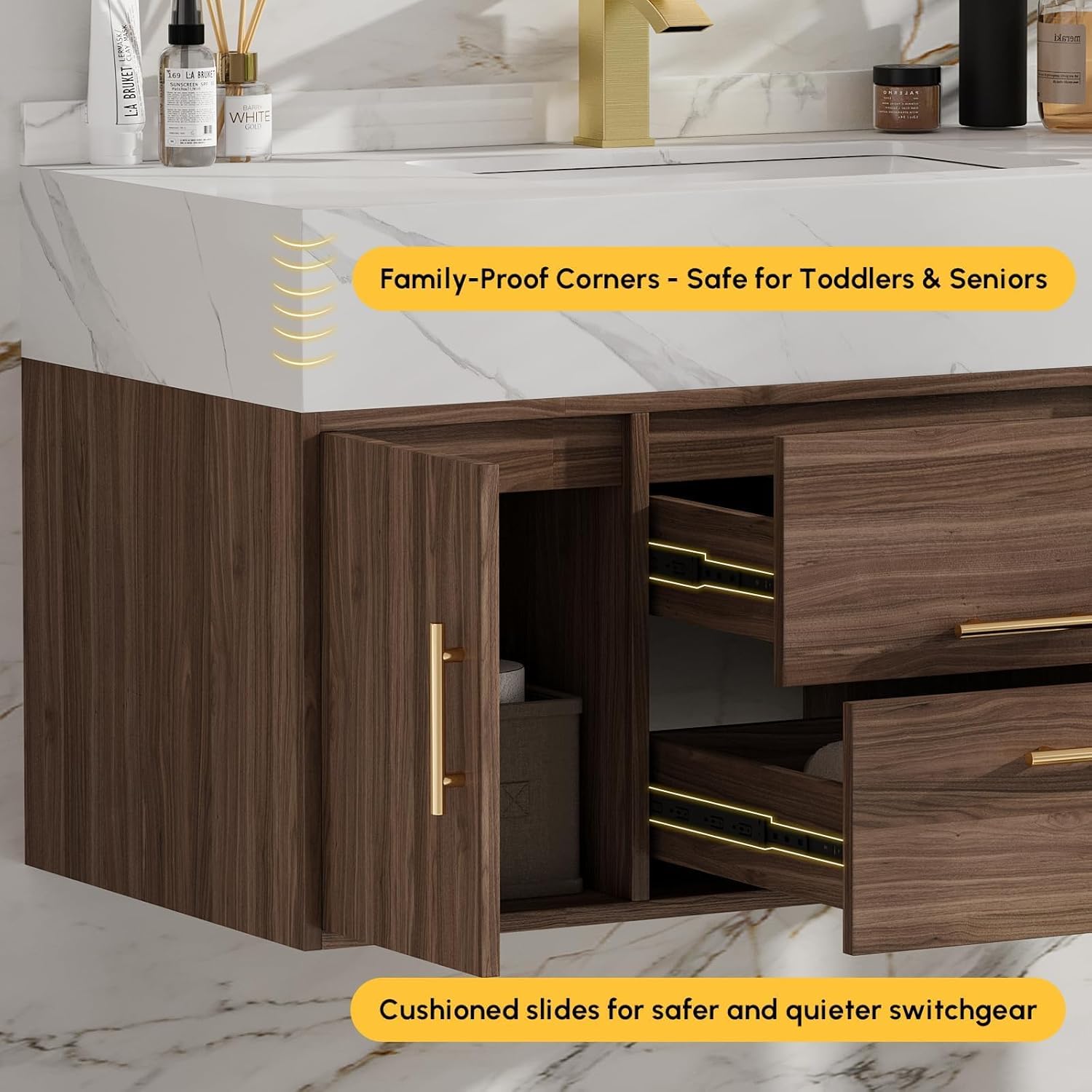 homary 39.4" Bathroom Vanity with Sink-Modern Bathroom Floating Vanity with Sintered Stone Countertop and 2 Drawers 2 Storage Cabinets, Undercounter Ceramic Sink, Walnut