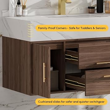 homary 39.4 inch Floating Bathroom Vanity with Single Sink, Modern Design with Sintered Stone Top & Undermount Sink, 2 Soft-Close Drawers for Master & Guest Bathrooms, Walnut