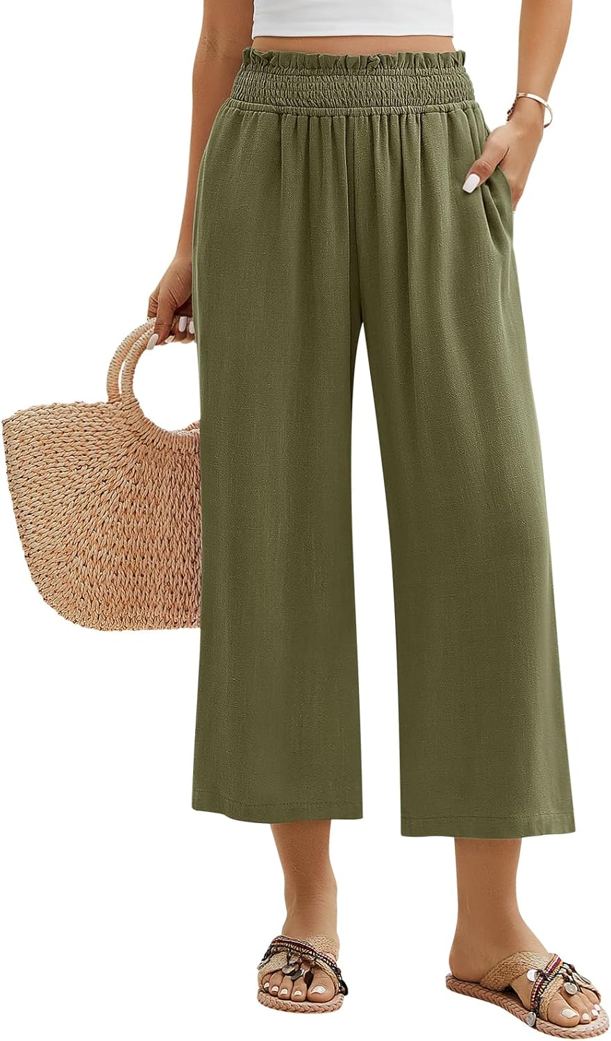 Yusongirl Wide Leg Capri Pants for Women Pull On Linen Casual Palazzo Trousers Smocked Elastic Waist Flowy Pants