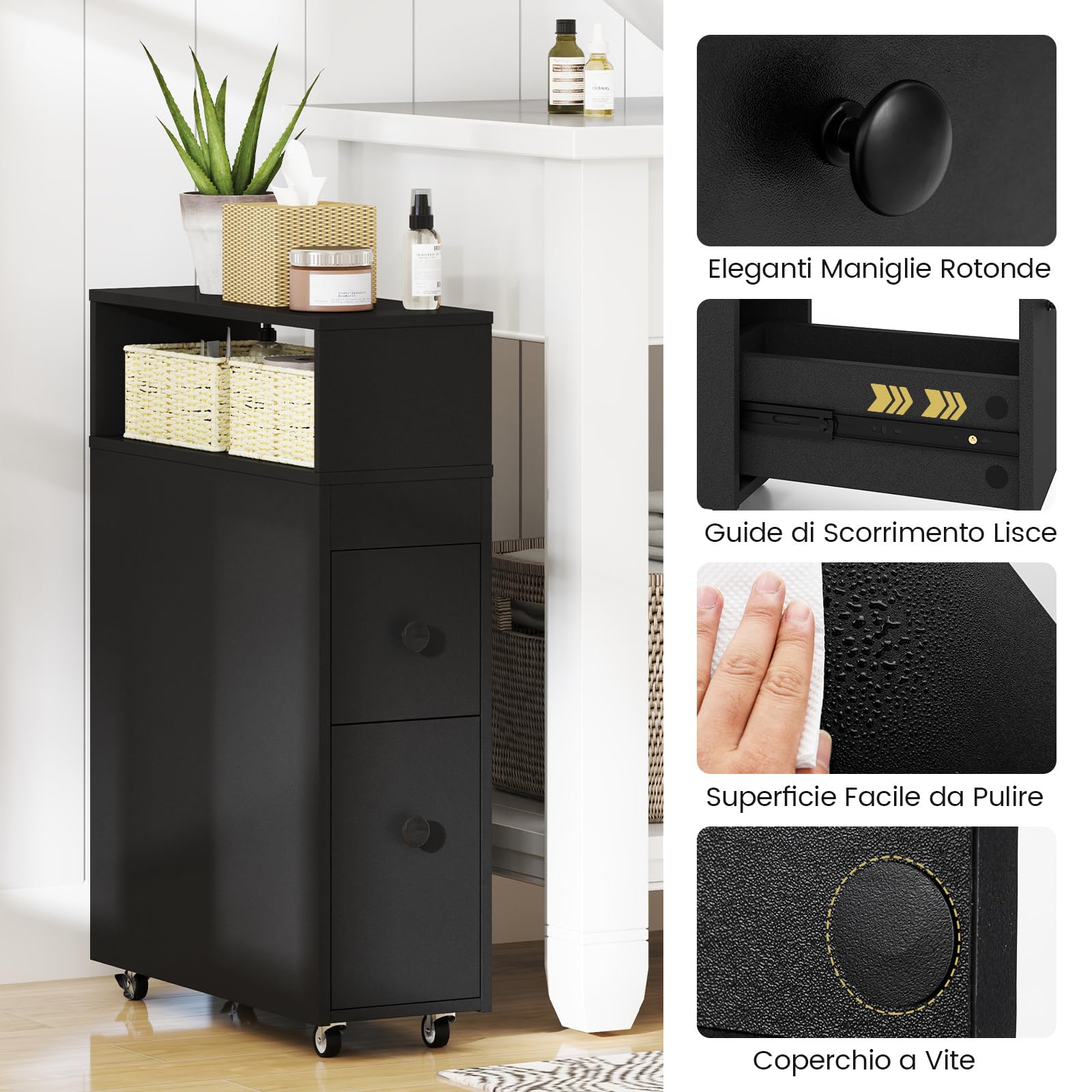 COSTWAY Mobile Bagno 50 x 19 x 72 cm, Arredo Salvaspazio con 2 Cassetti, 2 Cesti in Rattan, Ruote e Ripiani, Armadietto Stretto per Spazi Ridotti, Salotto e Cucina (Nero)