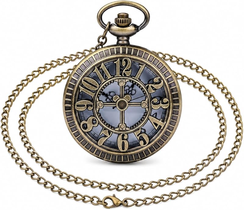 I-MART Quartz Pocket Watch with 31 Inch Necklace Chain, Antique Bronze Tone