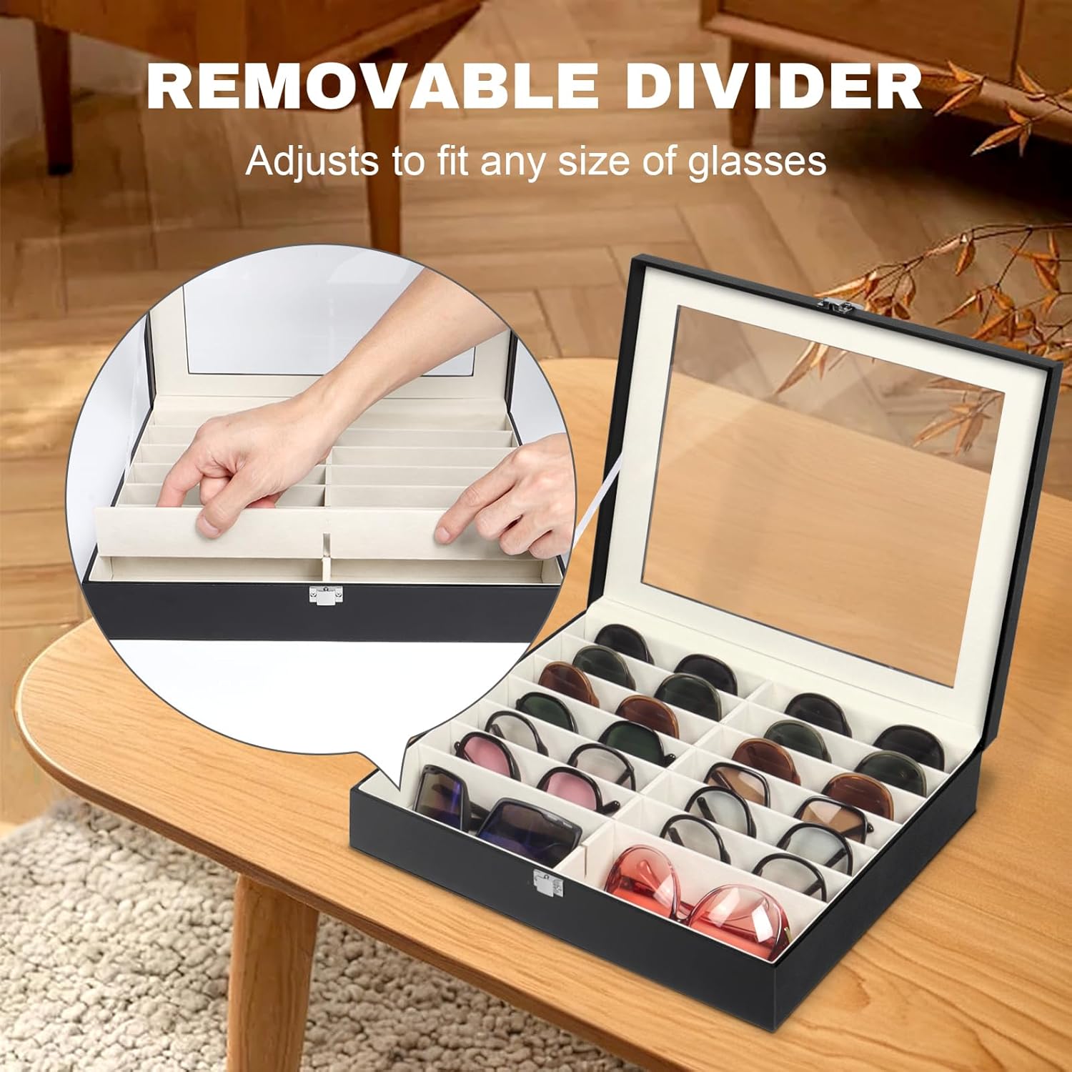 Sunglasses Organizer Case with Adjustable Slots, Eyeglasses Display with Lid, Eyewear Storage Box for Large Glasses