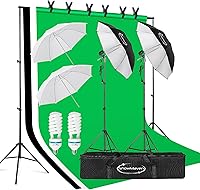 ShowMaven Photography Lighting Kit: 6.5x10ft Backdrop Stand, Umbrellas, CFL Bulbs for Studio Portraits, Products & Video