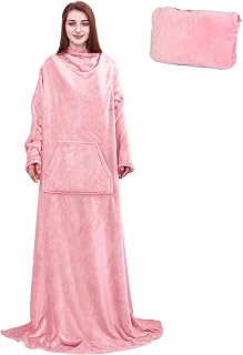 Solaris Travel Wearable Blanket with Sleeves, 2 in 1 Packable Airplane Pillow Blanket for Adult Women Men, Soft Cozy Warm Snuggy Body Blanket for Outdoor Indoor Home Lounge, Pink