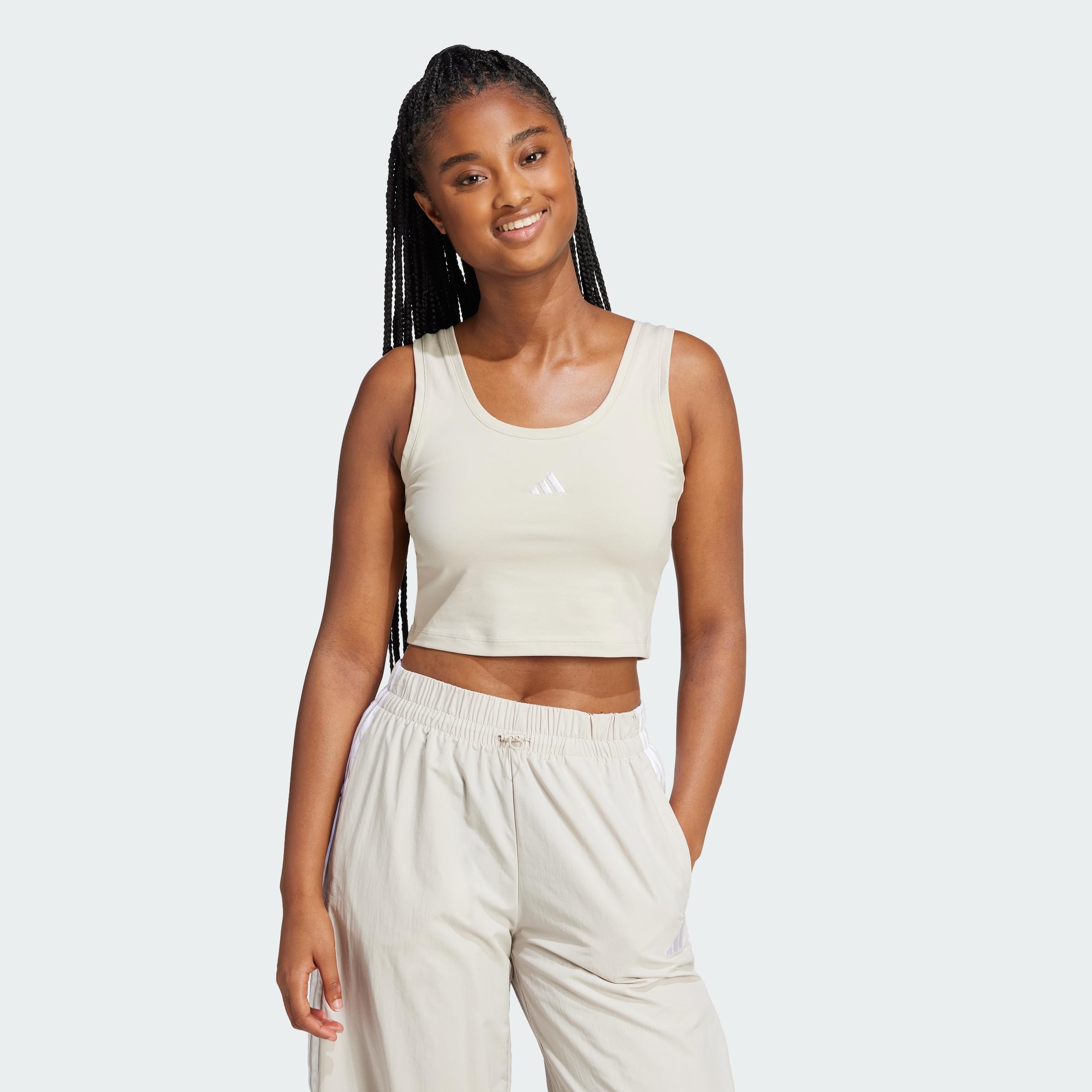adidas Women's Essentials Small Logo Cotton Lifestyle Tank Shirt, Wonder Alumina/White, L