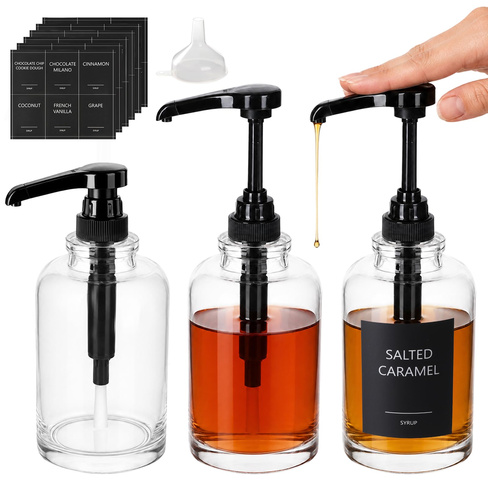 YBCPACK Juego de 3 dispensadores de jarabe de café, 500 ml, redondos, de cristal, con dispensador de bomba, a prueba de fugas, incluye etiquetas y embudo, para cafetería y cocina