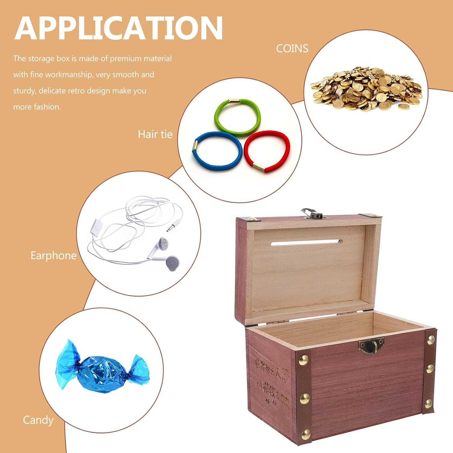 Wooden Storage Case with Lock, Portable Coffee Antique Jewelry Box image 3
