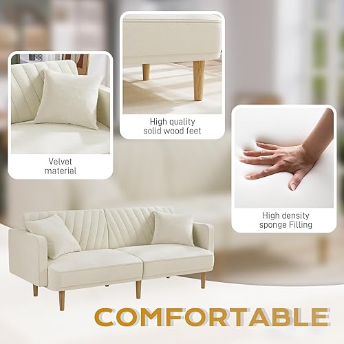 Miniatura 4 de OUYESSIR Sofá cama futón, sofá cama convertible con patas de madera, sofá de respaldo dividido de 75.3 pulgadas con 2 almohadas, sofá futón de