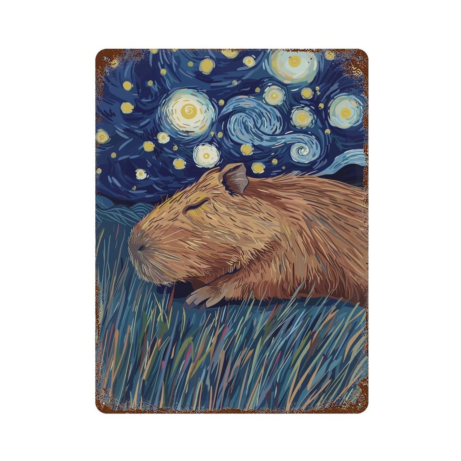 Rust Effect Capybara in Starry Night Style Vintage Rust Metal Sign 15.7"x11.8", Classic Wall Plaque for Shed, Workshop And Garage Wall Decor