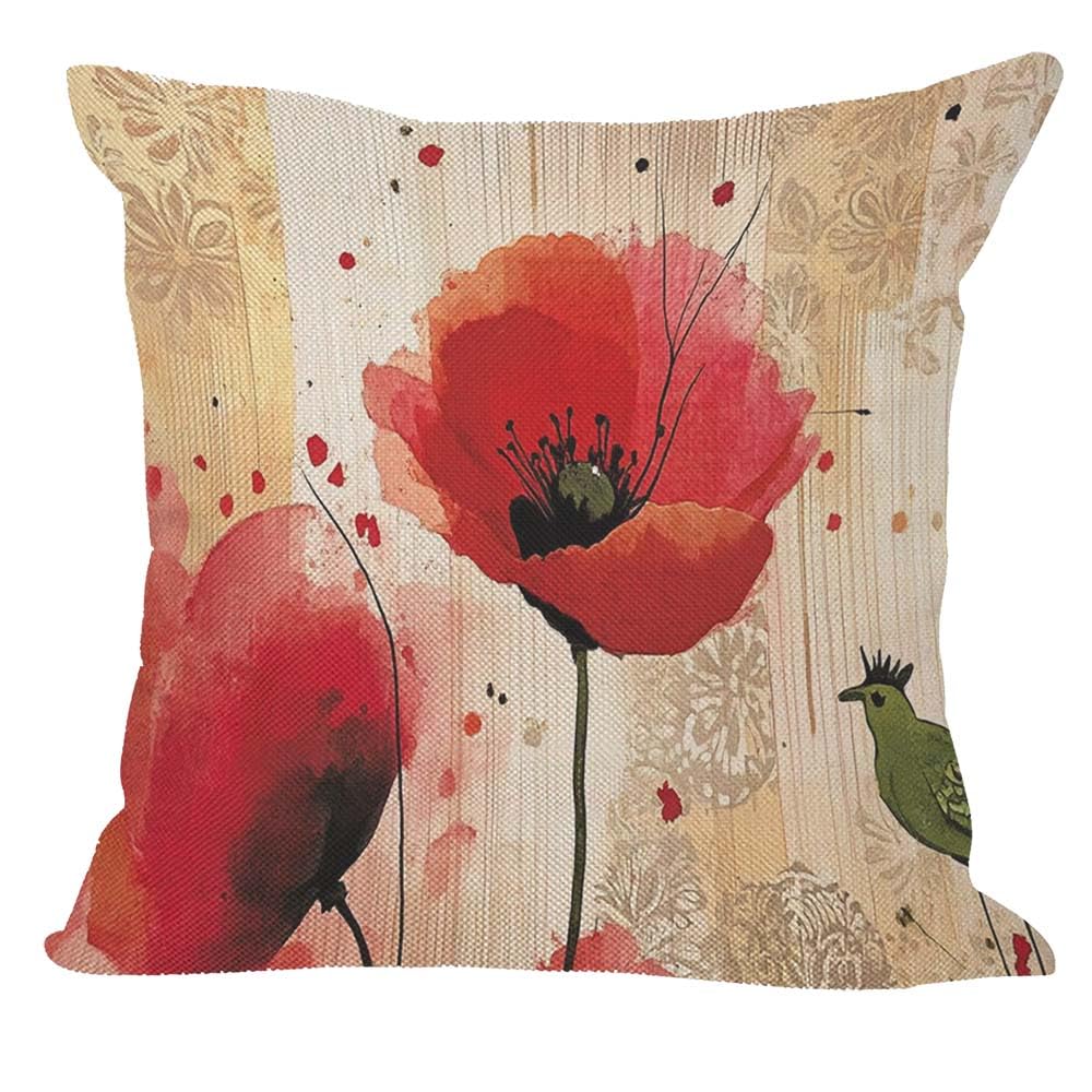 Orythyra Red Poppy Throw Pillow Case Cushion Cover Hand Drawn Design Linen Pillowcases Pillow Cover Living Room Couch Bed Sofa Car Waist Cushion Cover Farmhouse 45X45 CM