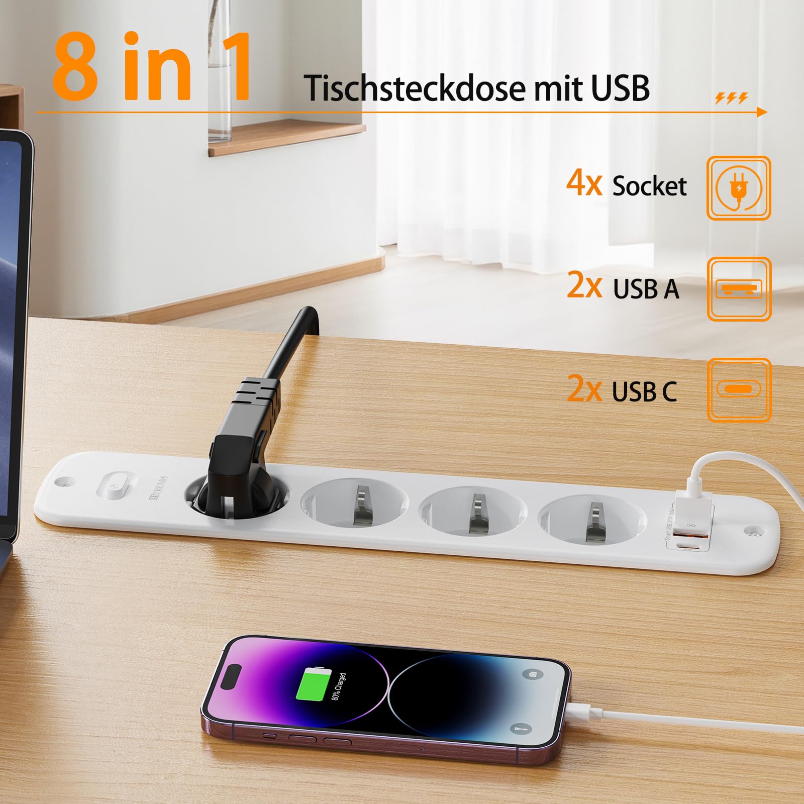 Regleta de mesa plegable con 4 enchufes y 4 puertos USB (2 USB A + 2 Type-C) y interruptor, enchufe de montaje para mesa con cable en espiral de 2 m, 4000 W/16 A, para oficina, oficina en casa — view 2