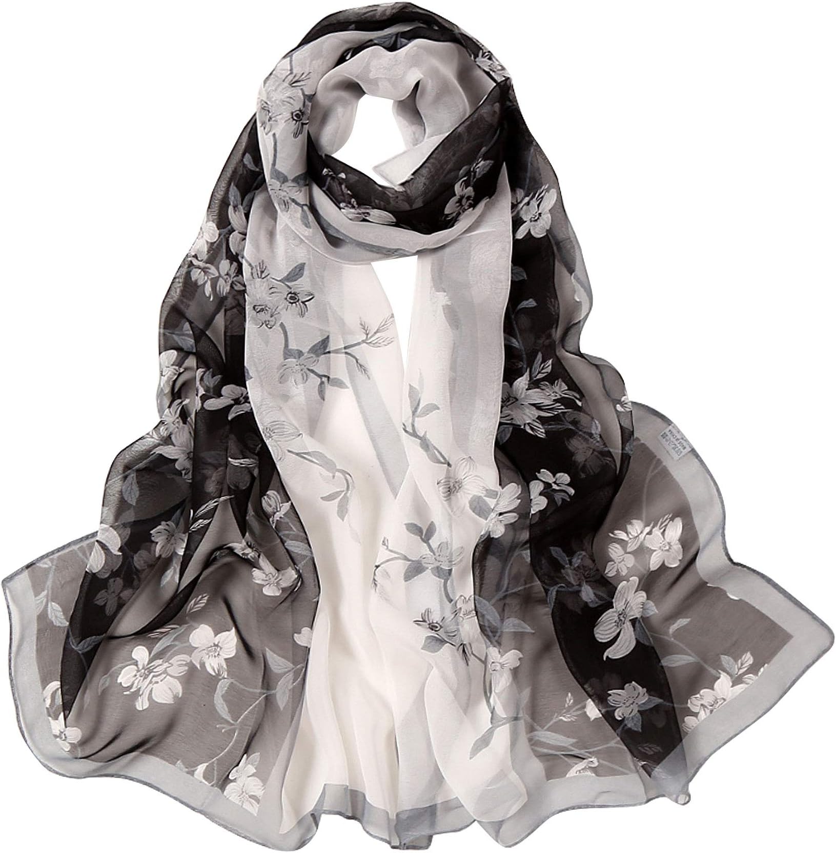Ladies Floral Chiffon Scarf - Sunscreen Fashion Scarf Flower Print Lightweight Head Scarf Scarves Shawls Wrap For Women (BlackWhite)