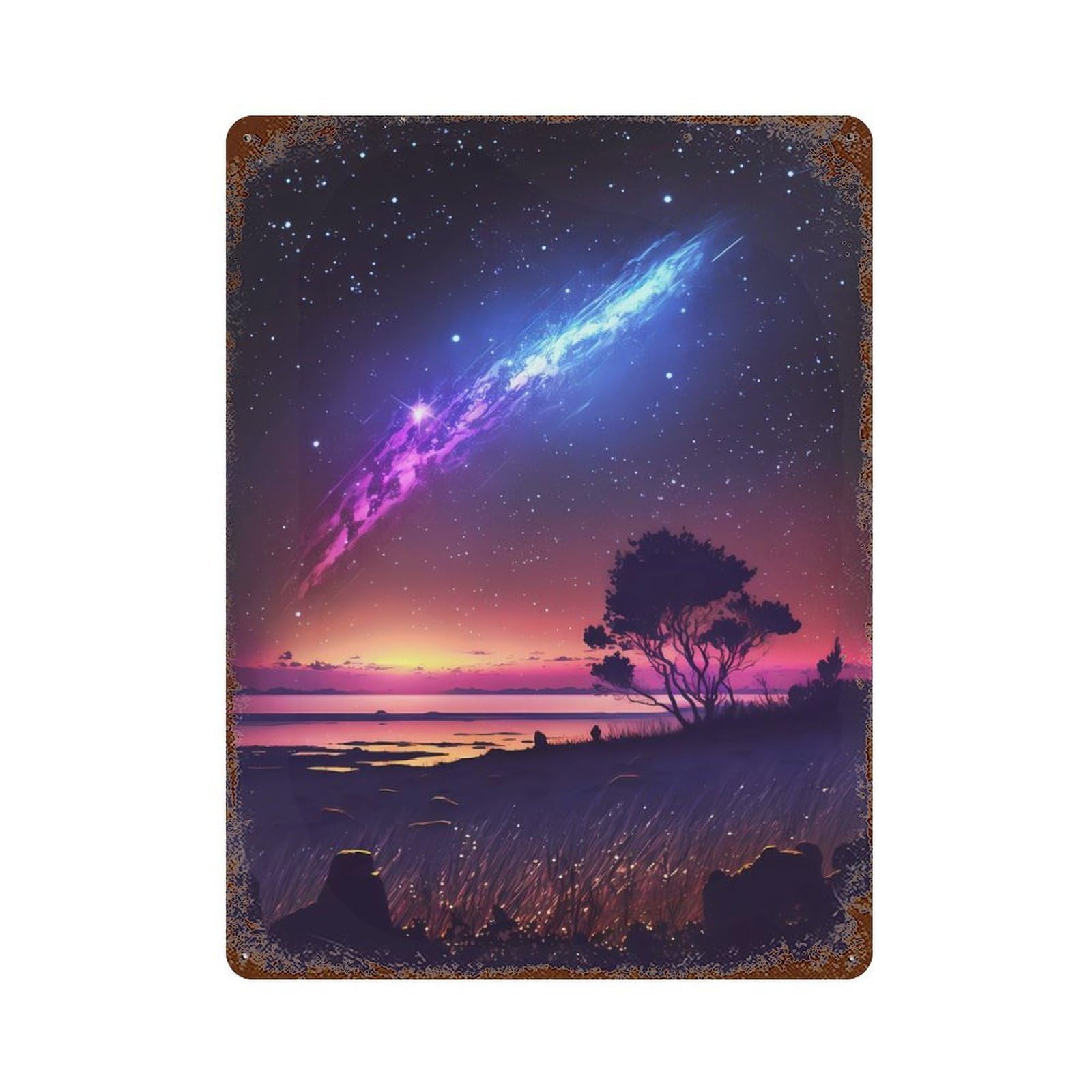 Rust Effect Fantasy Comet Landscape Rusty Metal Tin Sign 15.7"x11.8", Farmhouse Wall Decor for Shed, Workshop And Garage Wall Decor