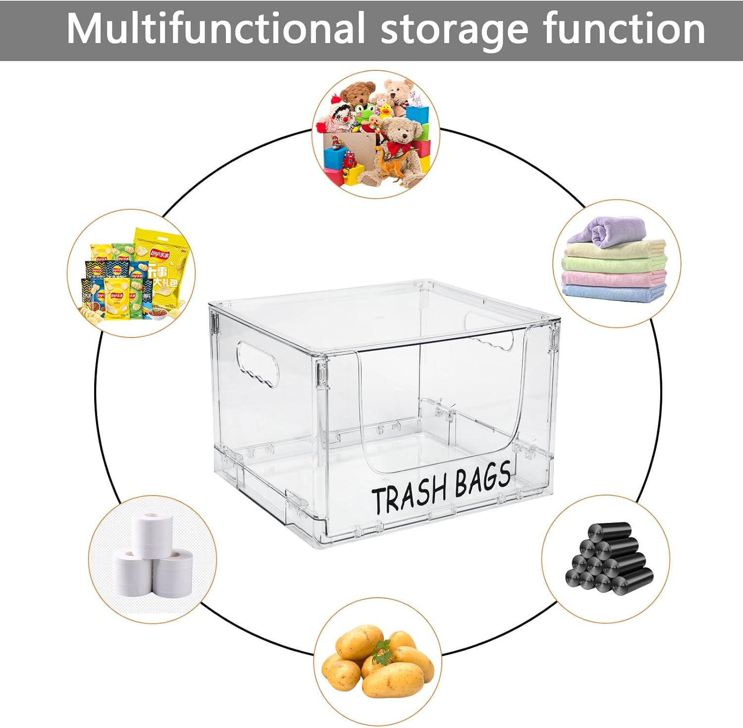 Trash Bag Holder Stand,Stackable Trash Bag Dispenser with Lids, Plastic Under Sink Organizers and Stackable Storage Box, Large Garbage Bags Dispenser for Kitchen, Pantry, Laundry Room