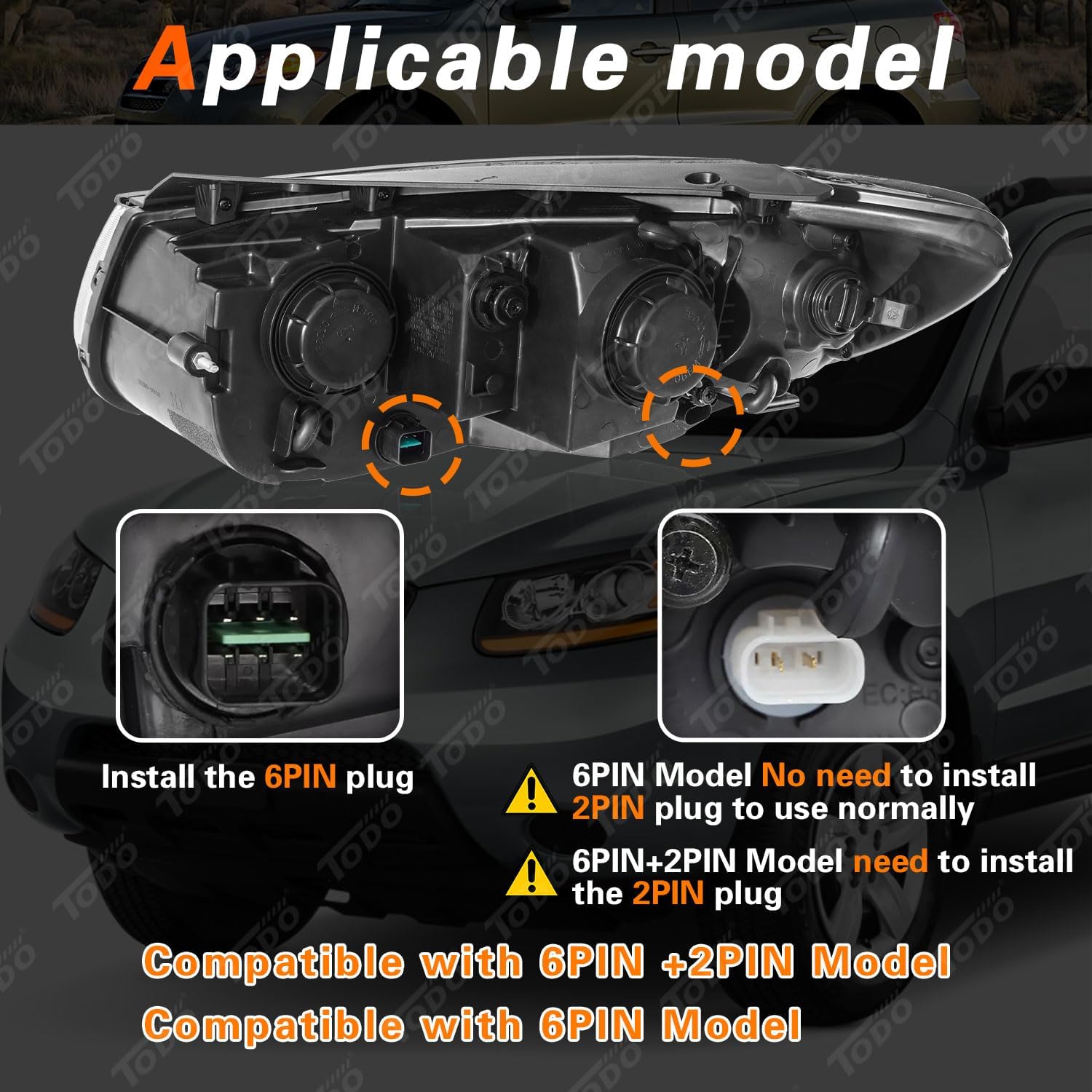TODO Headlights Assembly Pair Compatible with 2007 2008 2009 2010 2011 2012 Hyundai Santa Fe 6 Pin Headlamp Replacement with Bulbs,Right Passenger Side