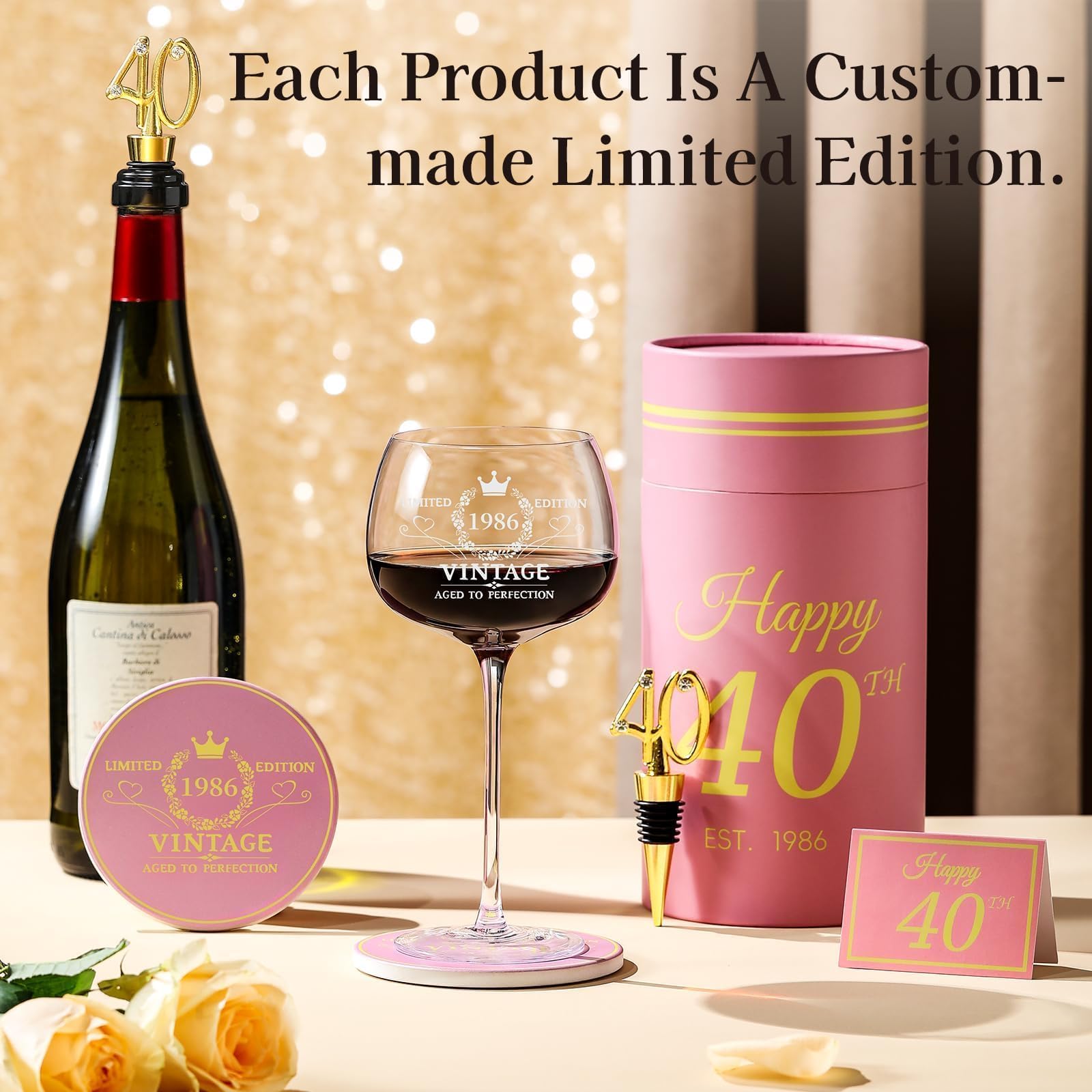 40th Birthday Gifts for Her - Limited Edition Wine Glass Gift Box Set​ - Unique 40th Bday Gifts Ideas for Women, Friends, Sister, Mom, Wife, Daughter - 40 Years Old Gift, Party Decorations Supplies
