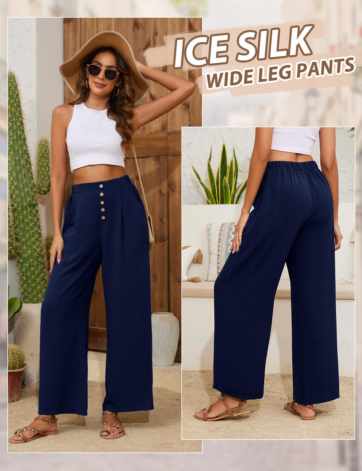 TOMEEK Pantalon Fluide Femme Eté Large Taille Haute Femme Chic et Elegant avec Poches Large Casual Décontractée Léger Ample Pants