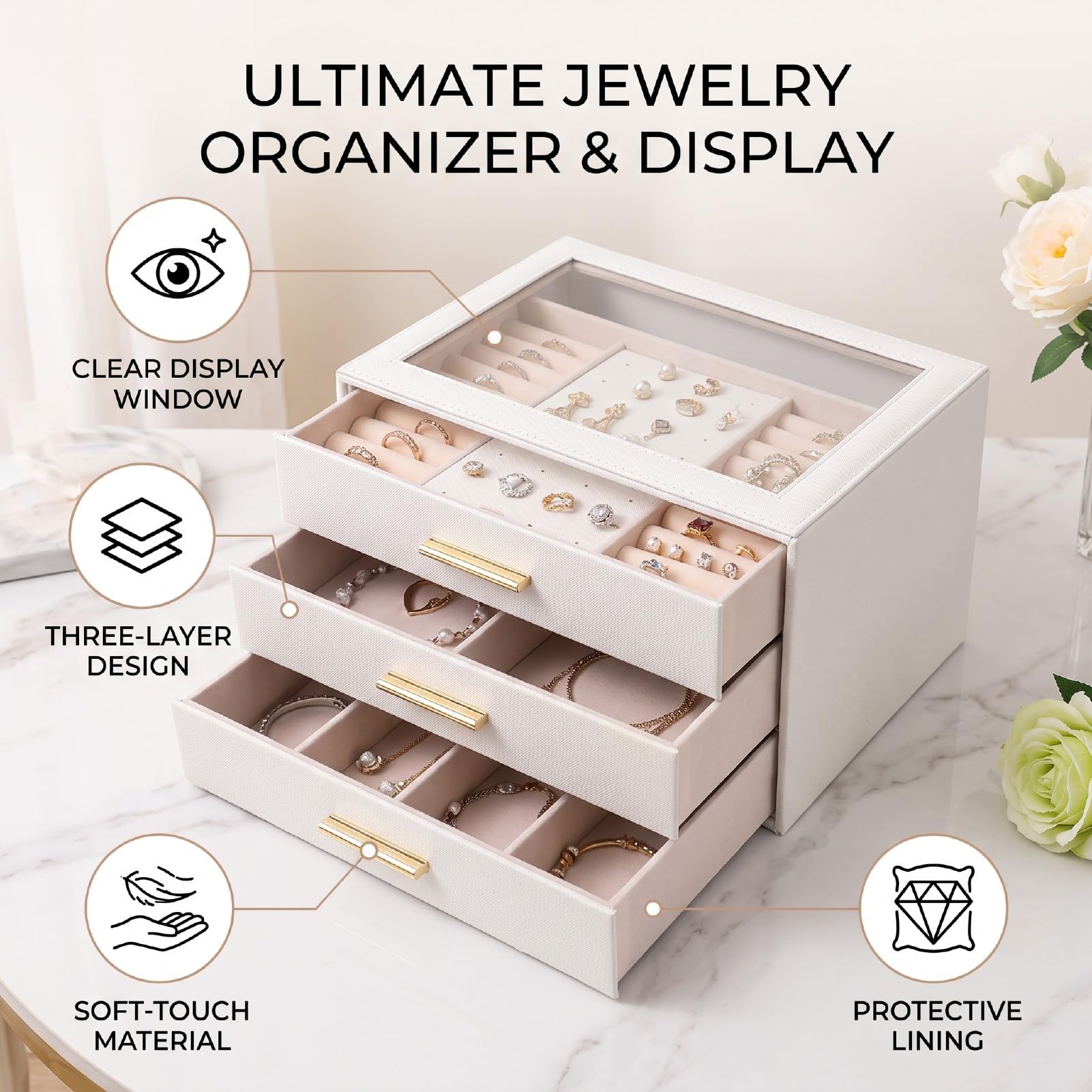 Bandejas de Almacenamiento de Joyas con Ventana de Vidrio, 3 Capas | Interior de Cuero PU y Terciopelo, Divisores Ajustables, Pantalla a Prueba de Polvo, Diseño Portátil para Pulsera de Collar