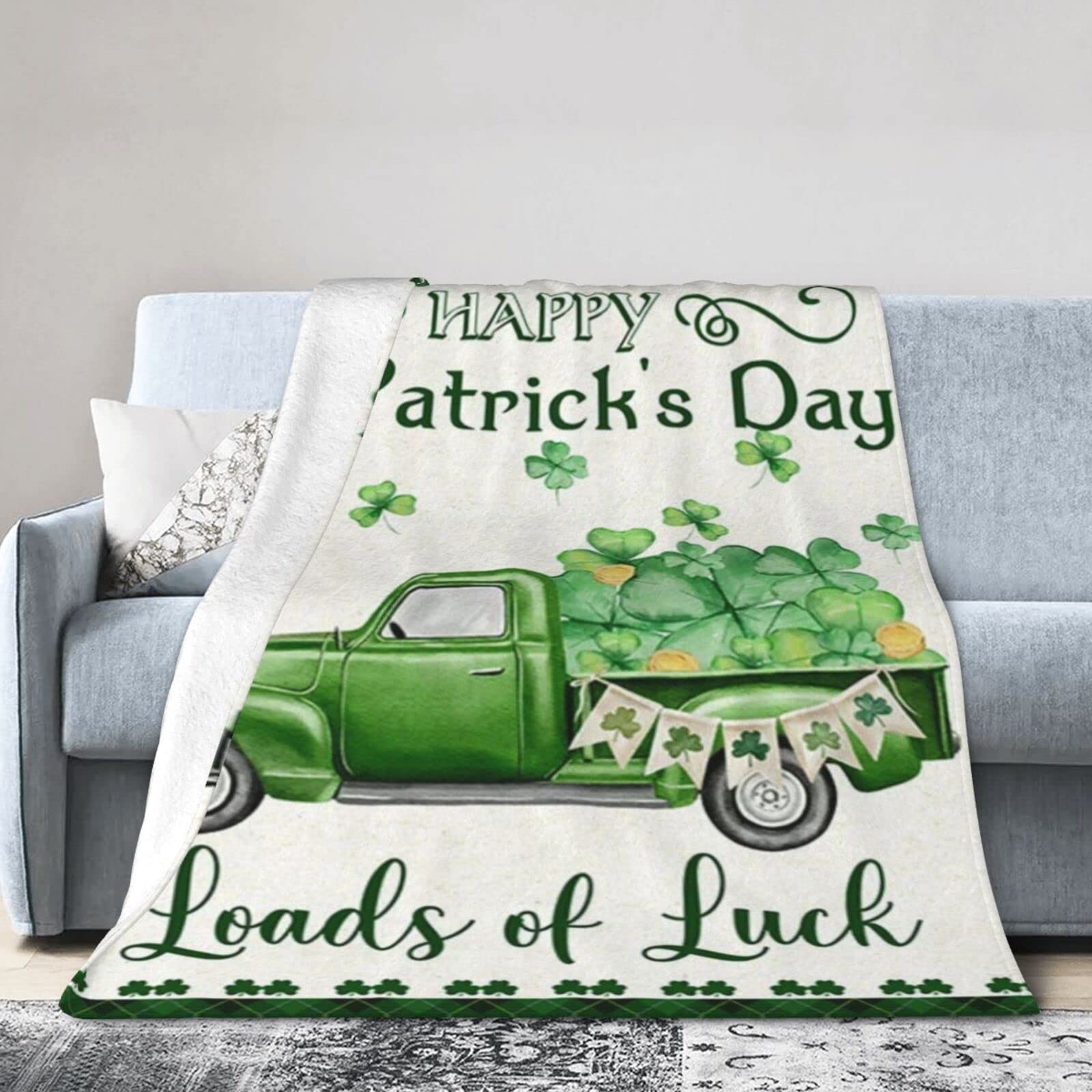 Lsjuee Flannel Fleece Blanket 50"X40" Happy St. Patrick‘s Day Green Truck Loads of Luck Bed Throw Blanket Funny Ultra-Soft Travel Spring Blankets for Adult Keep Warm