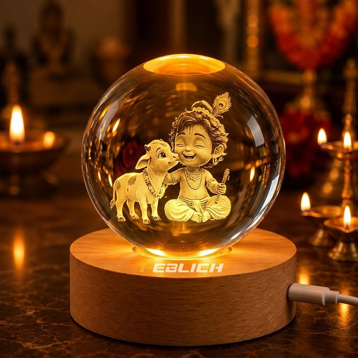3D Little Krishna Idols Crystal Ball Night Lamp, Solar System Little Krishna Statue Crystal Ball Night Light for Gift, USB Table Colorful LED Wooden Base Lamp for Home, Office, Birthday Gift-image-24