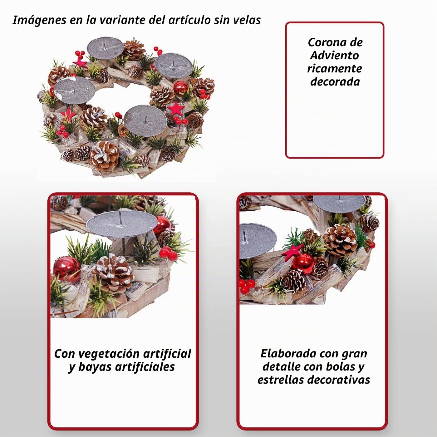 Mendler Corona de Adviento HWC-H50AM de madera, redonda, diámetro de 33 cm, incluye 4 velas rojas