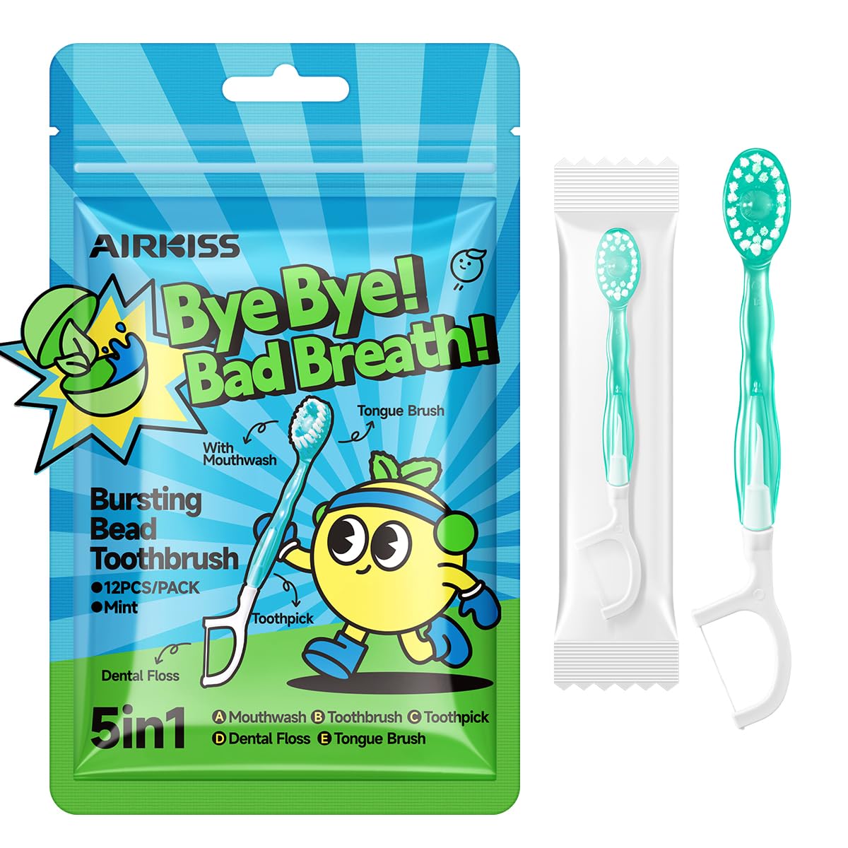 Airkiss(エアーキス)使い捨てミニ歯ブラシ12本入り 5in1複合型口腔ケア すすぎ不要 外出 携帯用歯ブラシ デンタルフロス (ミントフレーバー)