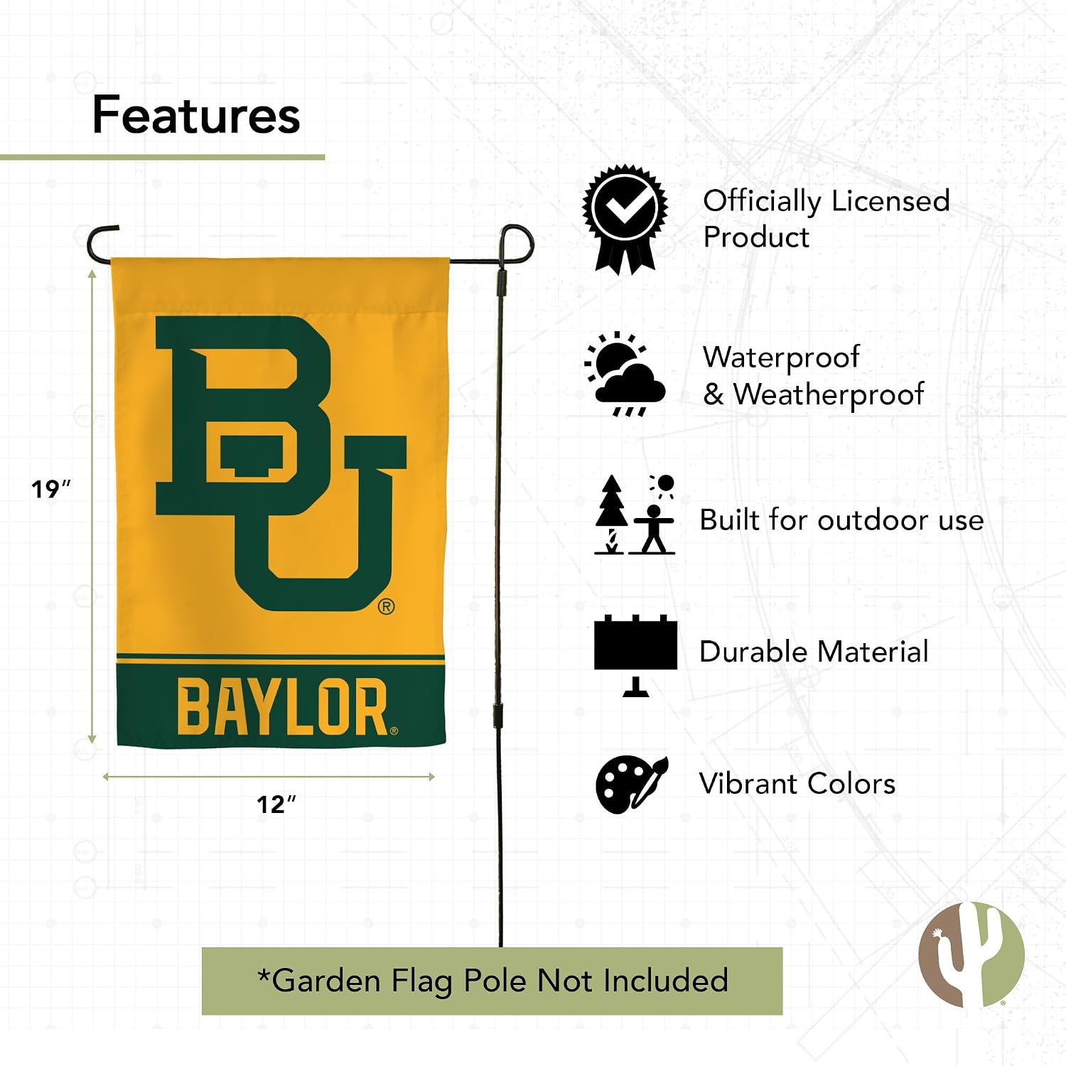 Desert Cactus Baylor University BU Garden Flag – 19 x 12 inch Baylor Bears Banner, For Outdoor Display and Events (Design B)