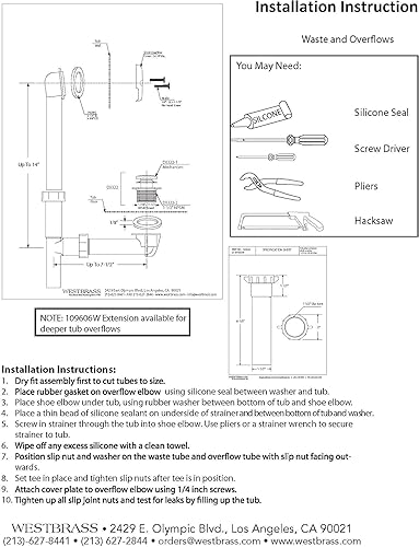 Miniatura 10 de Westbrass 593244-26 Kit de drenaje de residuos de baño con punta tubular blanca de 1-12 pulgadas, cromo pulido