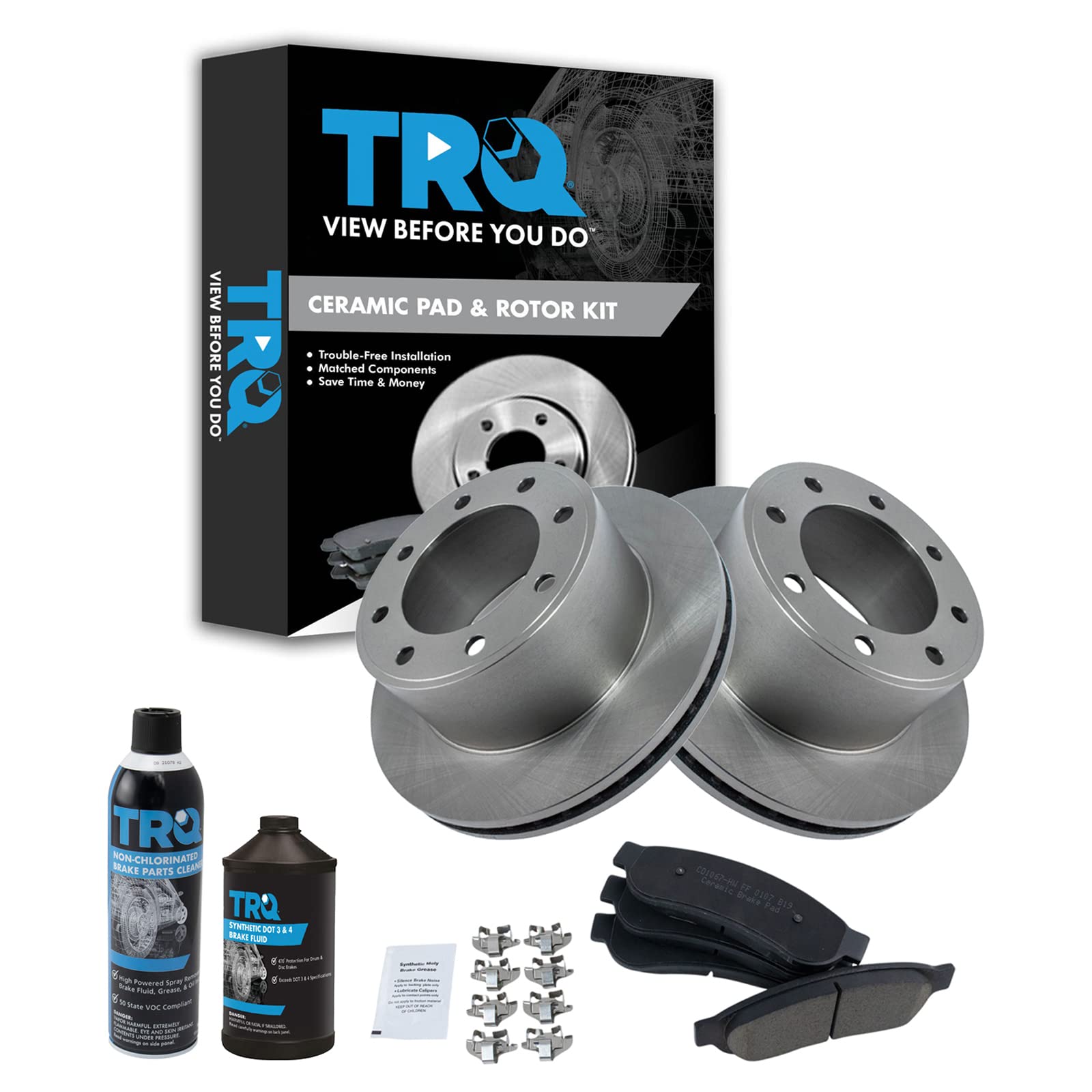 TRQ Rear Brake Pad &amp; Rotor Kit, with Chemical Kit Ceramic Compatible with 2008-2012 Ford F-250 Super Duty F-350 Super Duty