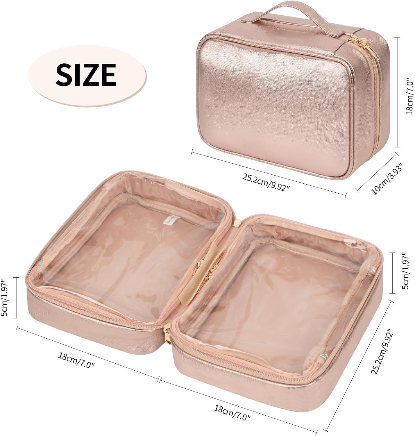 OCHEAL Makeup Bag, Makeup Travel Bag Large Capacity Cosmetic Organizer with Makeup Brush Compartment & Handle for Women Girls Travel Toiletry Accessories-Rose Gold - Image 3