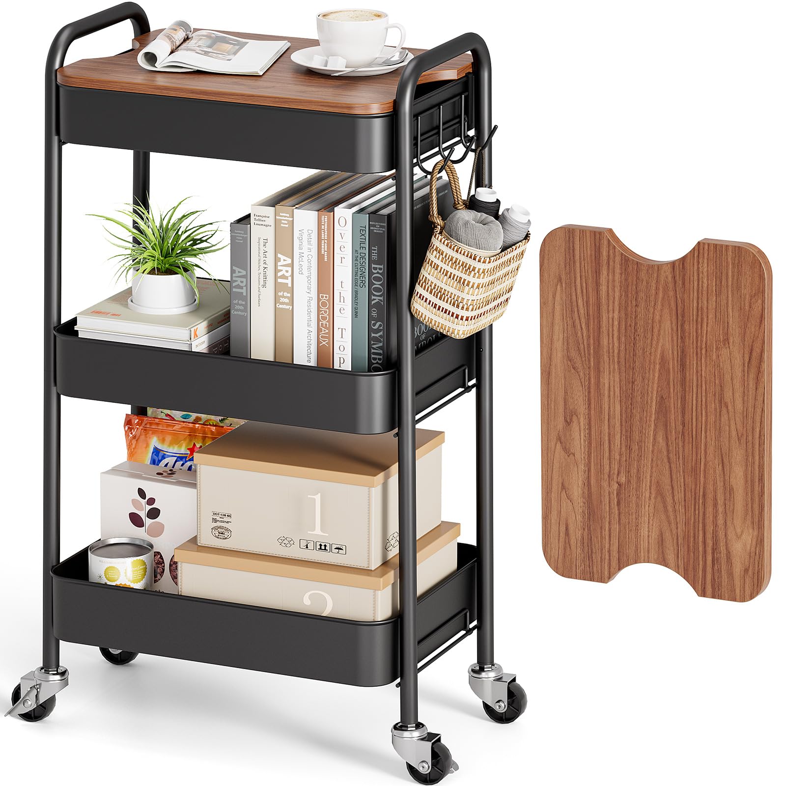 KINGRACK - Carrito de almacenamiento de 3 niveles de metal con ruedas y superficie de trabajo de madera extraíble, mesa con cubierta, carrito para belleza, libros, manualidades, té y arte para el