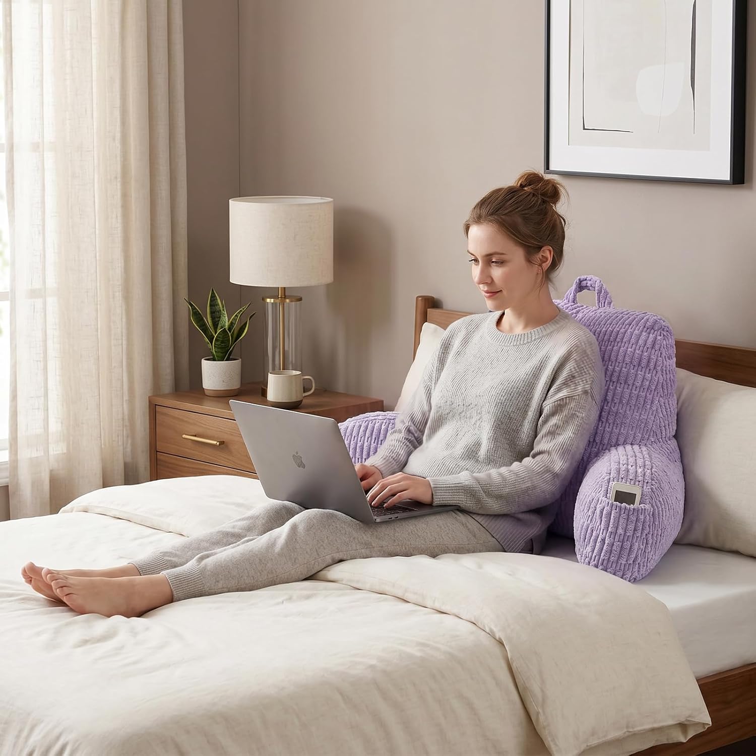 reading pillow for sitting in bed,large backrest reading pillow with arm rest,back-rest support cushion for sit up on couch,sofa, and floor,dorm essentials(purple corduroy,large(19")) purple large(19") corduroy