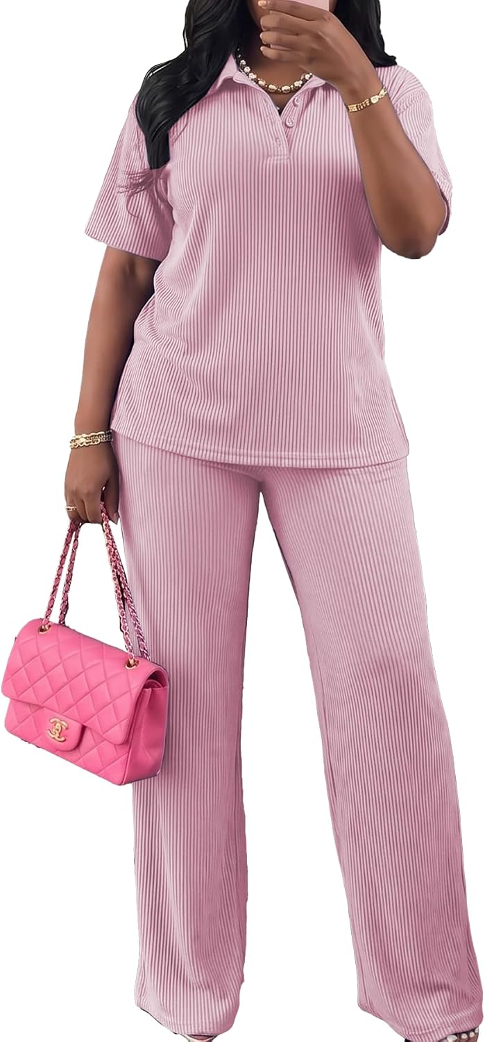 HBQ Women Two Piece Outfit Ribbed Short Sleeve Button Down Polo Top and Flare Pants Casual Lounge Sets Tracksuit