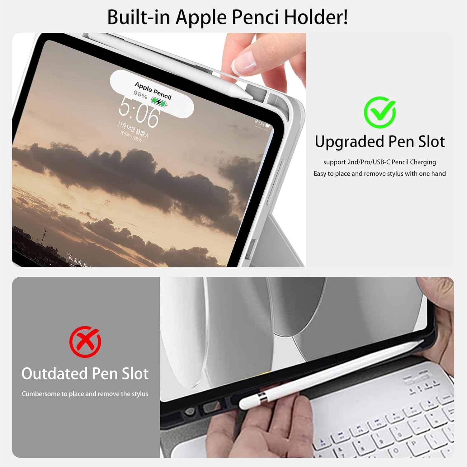 JKSML for iPad(A16) 11th/10th Generation Case with Keyboard (11/10.9 inch) 2025/2022, 7 Color Backlight Detachable Bluetooth Cover with Trackpad, Flip Stand Case Thin with Pencil Holder, Haze Gray