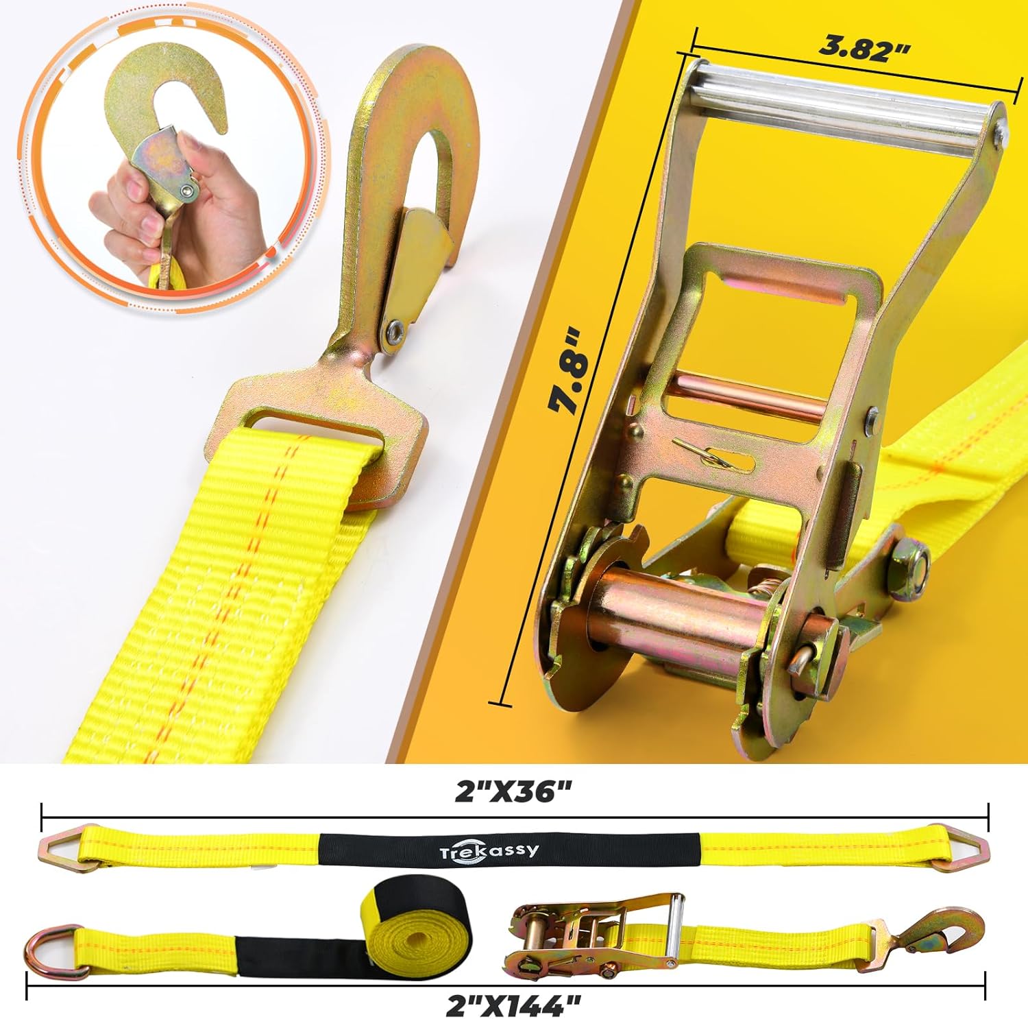 Trekassy 2in x 12ft Car Tie Down Straps for Trailers Heavy Duty, 10000lbs Break Strength, 4 Pack Steel Ratchet, 4 Adjustable Car Hauler Straps, 4 Axle Straps - Image 4