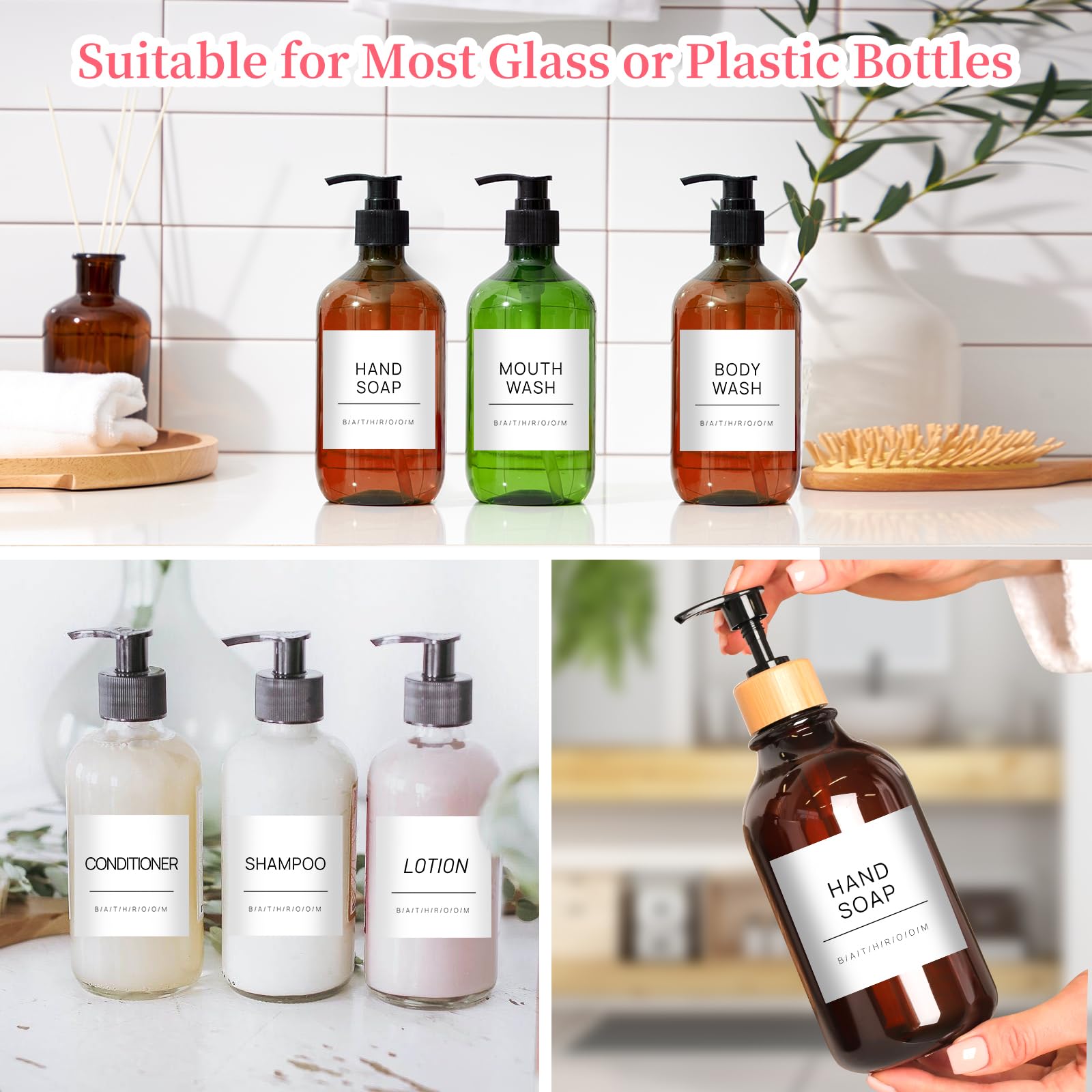 KSIWRE 24 PCS Bathroom Labels for Bottles,Waterproof Labels for Hand Soap Shampoo and Conditioner Dispenser,Bathroom Organization Label Stickers(White) - Image 4