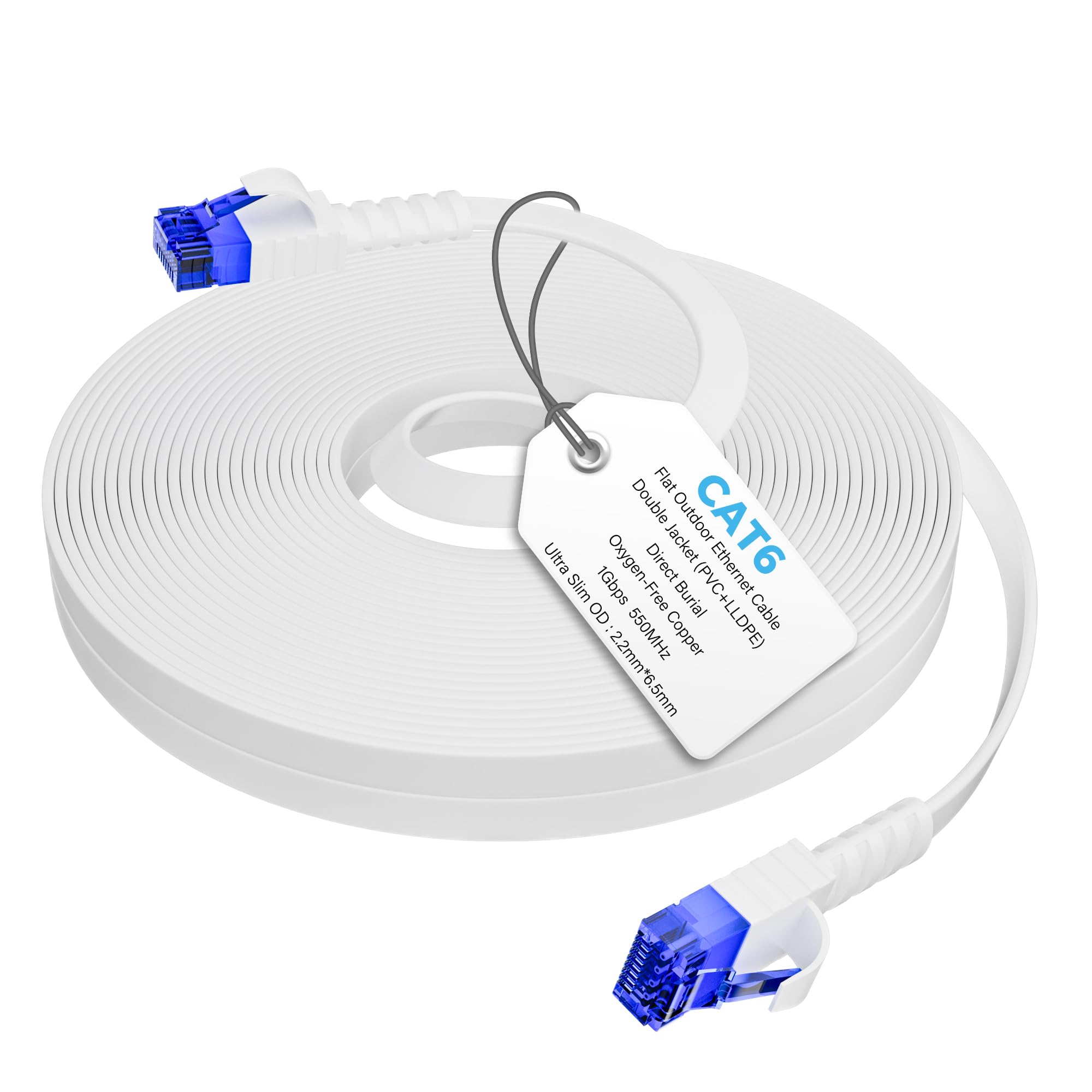 CAT6 Płaski kabel Ethernet 15m-biały, do użytku na zewnątrz i wewnątrz, kabel sieciowy Gigabit RJ45, PVC+LLDPE, wytrzymały na warunki atmosferyczne i promieniowanie UV, do routera