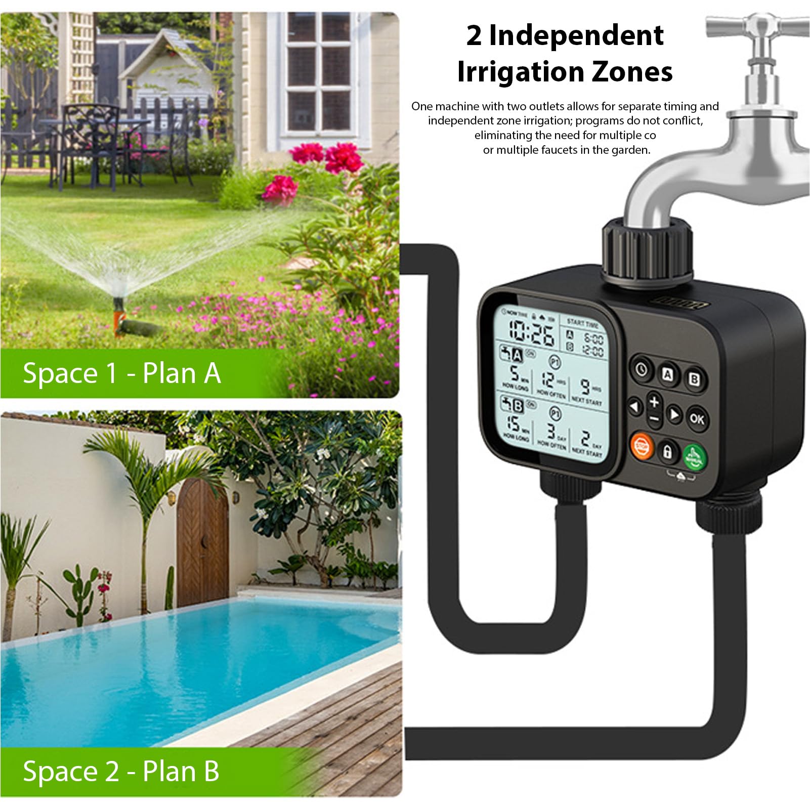Temporizador Aspersor 2 Zonas, 8 Configuraciones Programables, Retardo Automático Lluvia, Temporizador Riego Manguera Jardín para Césped, Invernadero, Control Riego
