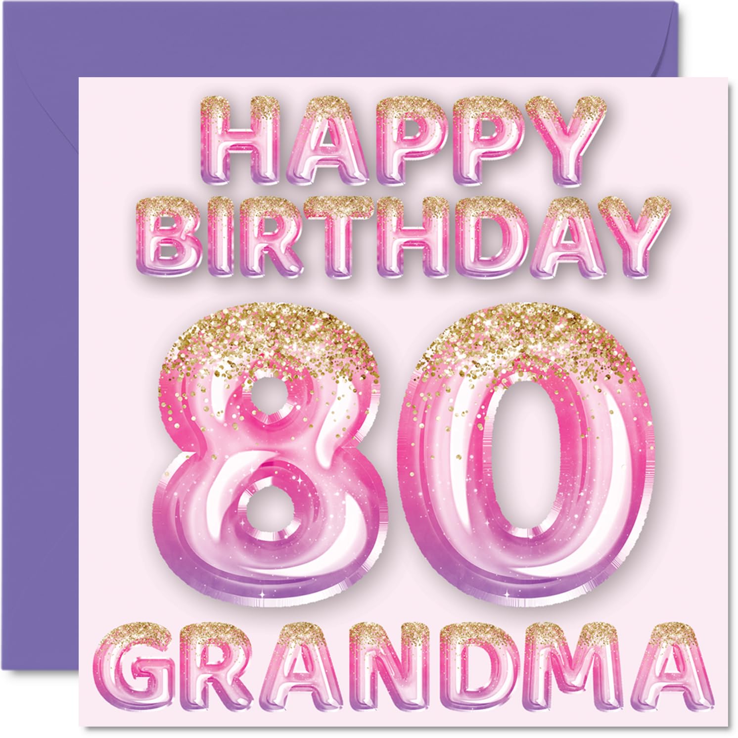 80th Birthday Card for Grandma, Pink & Purple Glitter Balloons