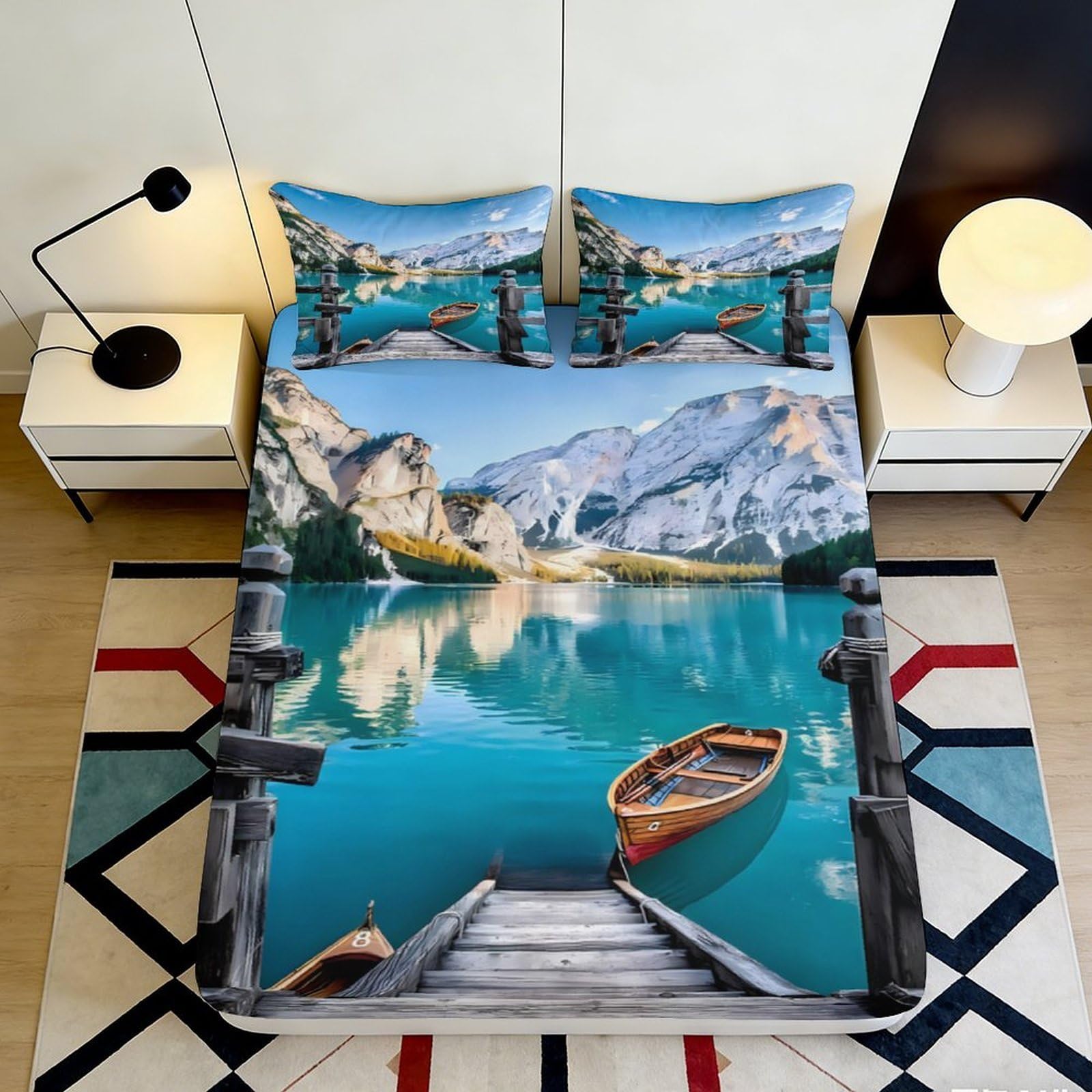 3D Printed Lake Mountain Fitted Sheet Microfiber Scenic Boat Bed Cover for Bedroom Dorm Mattress Protection Decor 90x200x25cm