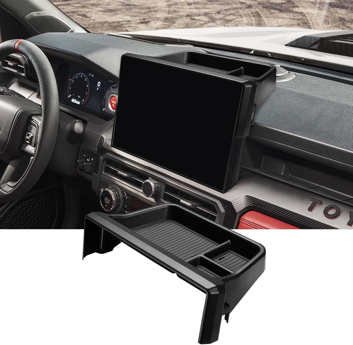 Ecarzo Dashboard Storage Box for Toyota Tacoma 2024 2025 2026, 14-Inch Screen Rear Tray Organizer, ABS Dashboard Storage Tray with Anti-Slip Liner, Center Console Accessory for Daily Essentials
