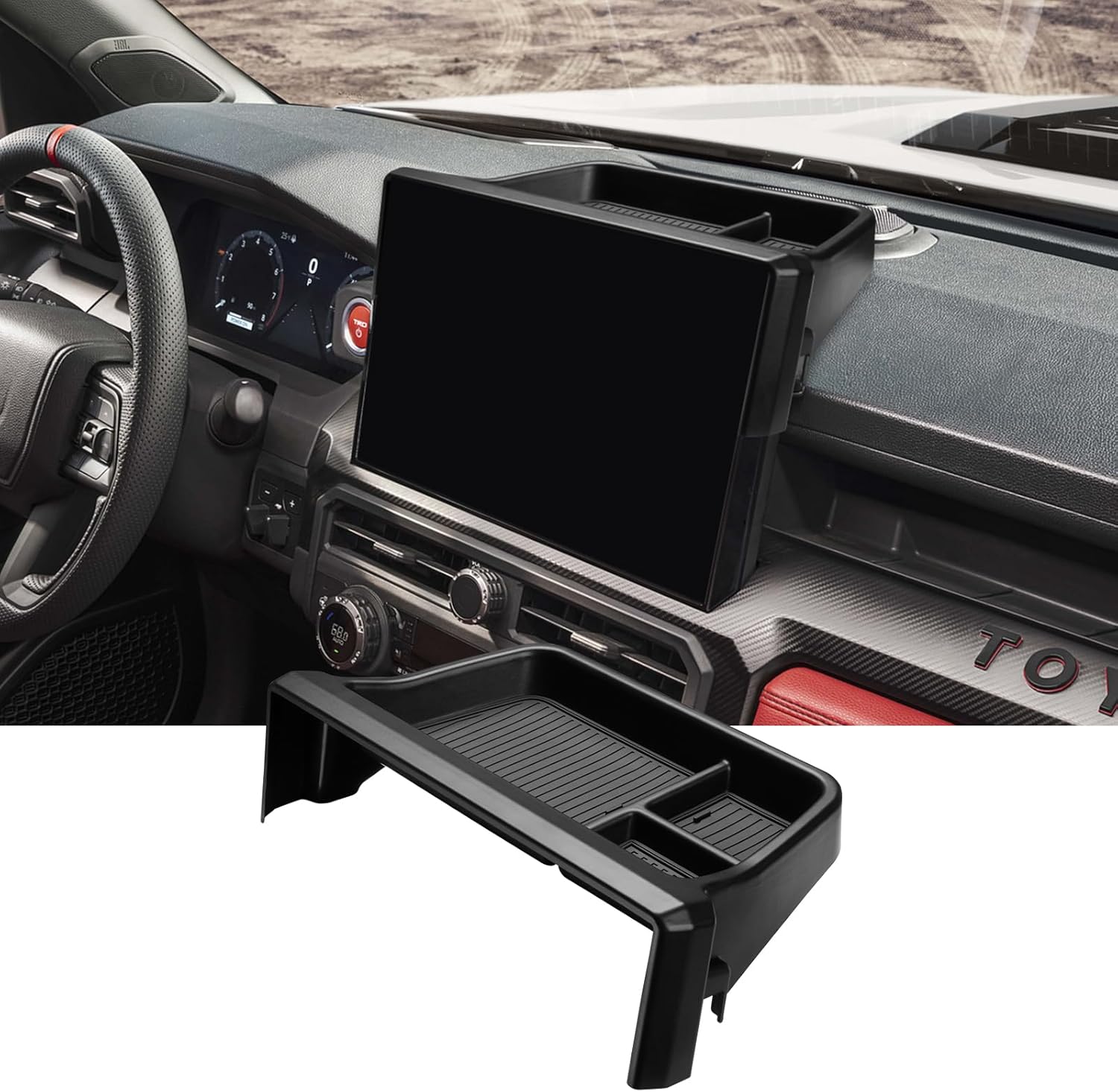 Ecarzo Dashboard Storage Box for Toyota Tacoma 2024 2025 2026, 14-Inch Screen Rear Tray Organizer, ABS Dashboard Storage Tray with Anti-Slip Liner, Center Console Accessory for Daily Essentials