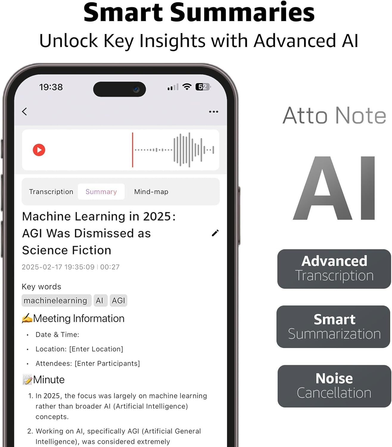 Close-up of the Atto Note AI Voice Recorder showing the one-click recording button.