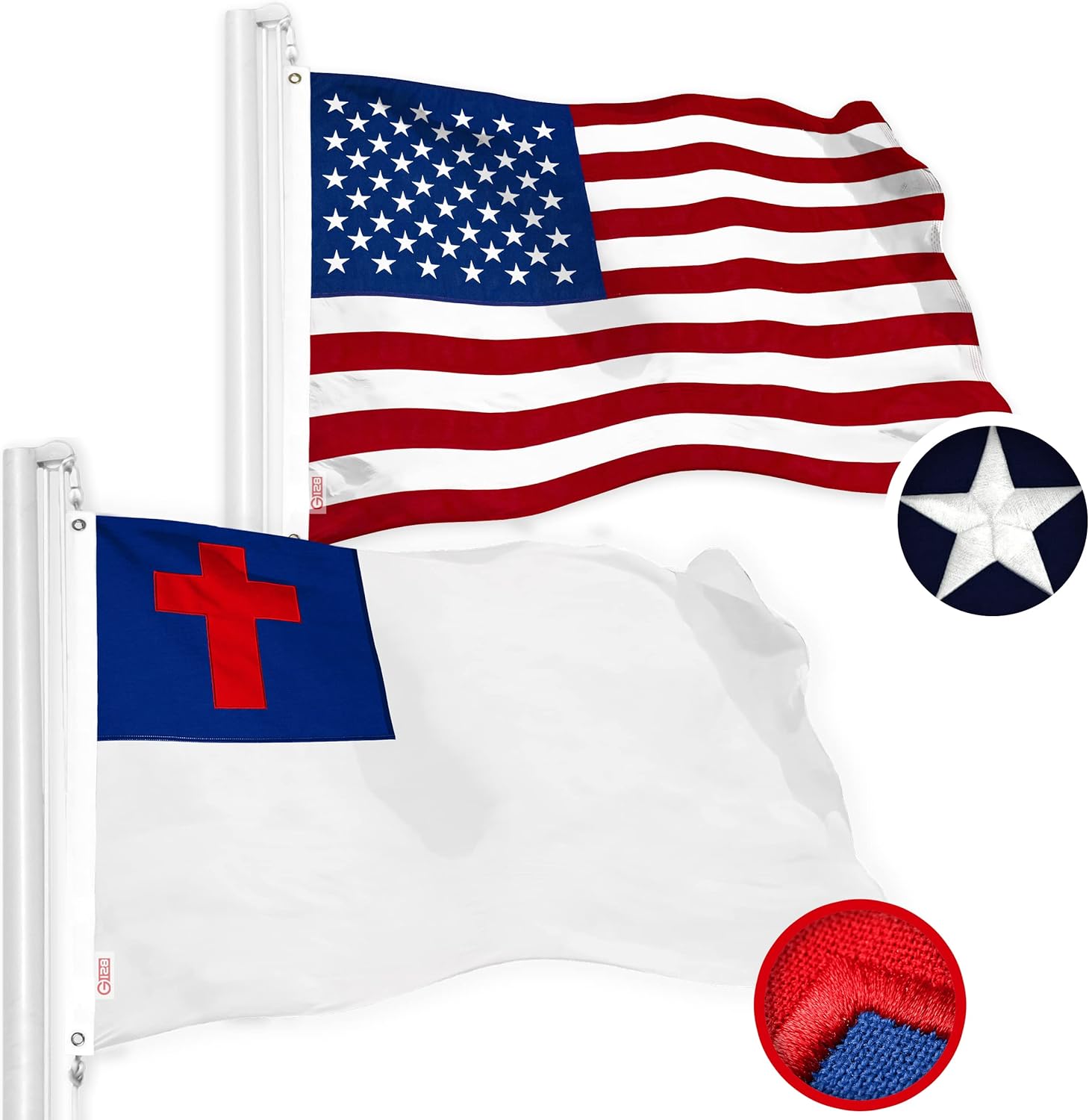G128 Combo Pack: American USA Flag 3x5 Ft & Christian Flag 3x5 Ft, Both Embroidered SPUN Polyester, Indoor/Outdoor, Brass Grommets