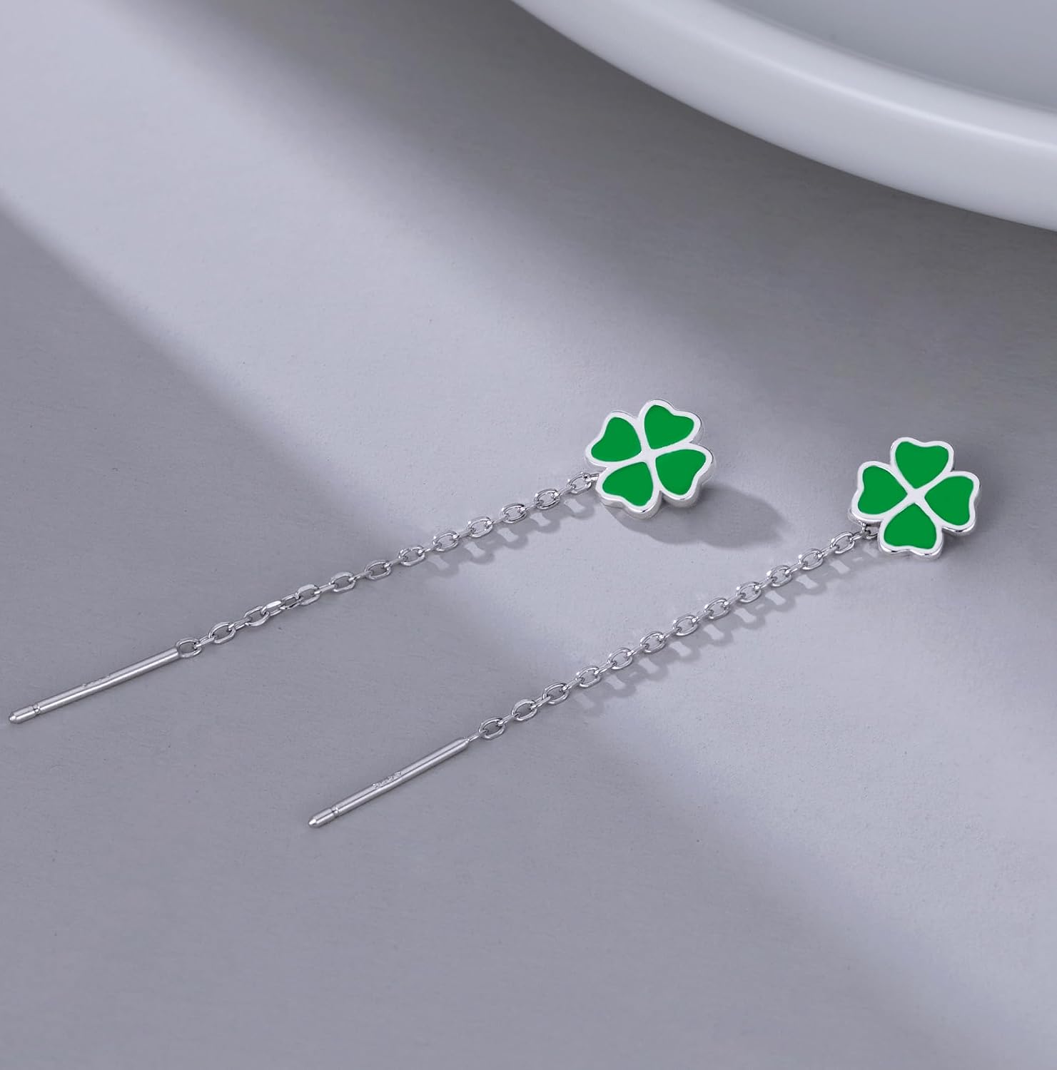 Reffeer Solid 925 Sterling Silver Leaf Clover Dangle Earrings Chain for Women Teen Girls Green Leaf Tassel Drop Earrings Threader