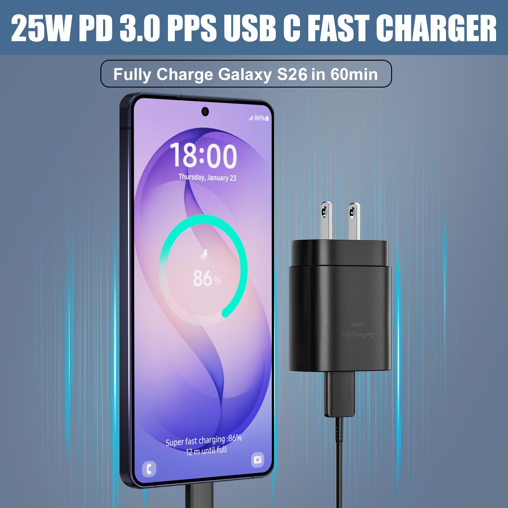 S23 S22 Samsung - Cargador rápido Tipo C de 10 pies con Bloque de Carga súper rápida USB C de 25 W para Galaxy S23/S23+/S23 Ultra/S22/S22+/S22 Ultra/S21/S20/Note20, Z Fold/Flip, Paquete de 2