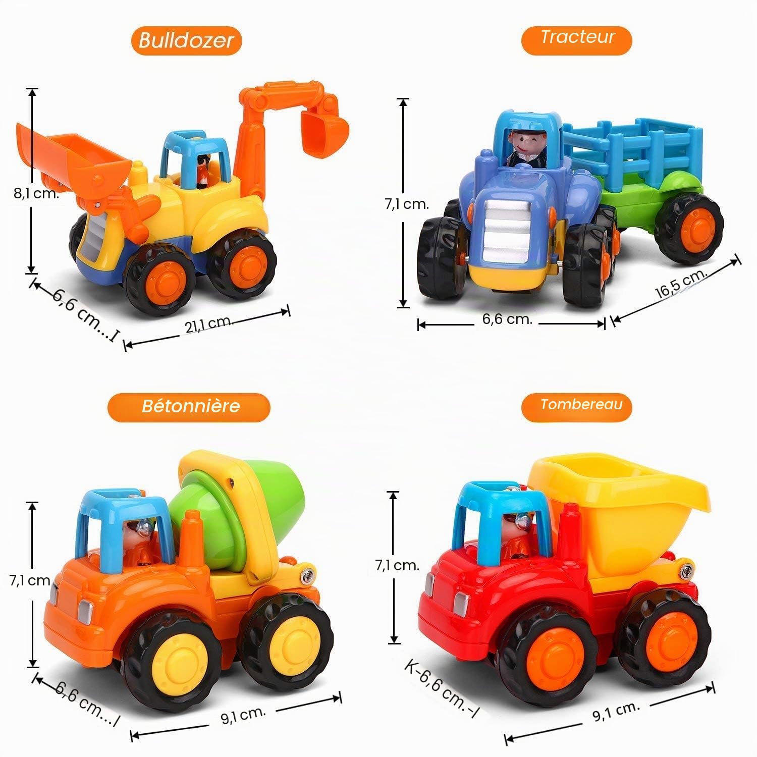 MOONTOY Voiture Enfant 2 Ans,Voiture Friction Jouets pour Garçon Fille,Set de 4 avec Tracteur,Bulldozer,Mixeur de Camion et Camion,Cadeau 1 2 3 Ans