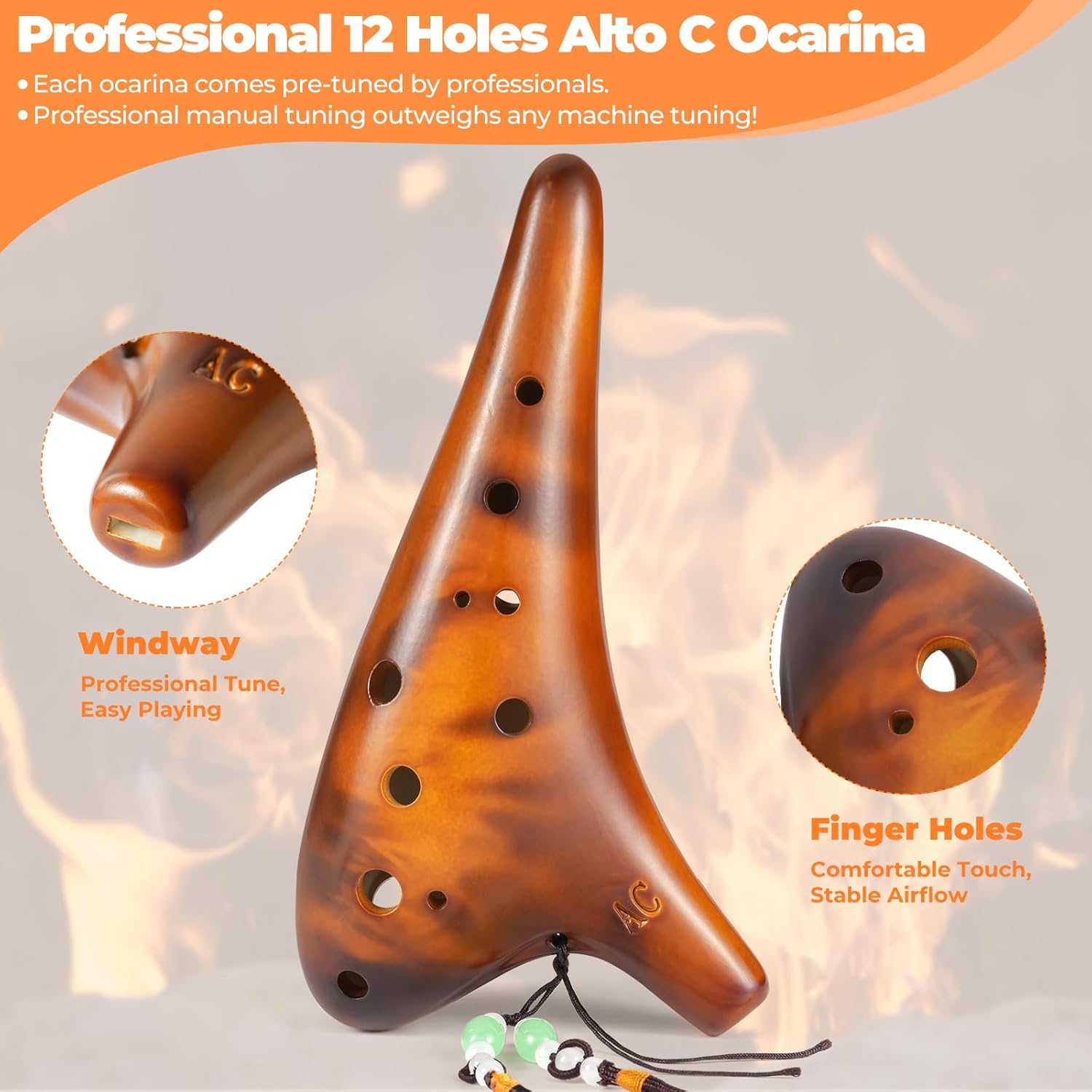 Ocarina Instrument with Song Book: Ohuhu Ceramic Ocarina with a Neck-Strap Cord, FDA Tested 12 Hole Alto C Ocarinas Play By Link Triforce Gifts for Music Fans with Protective Bag