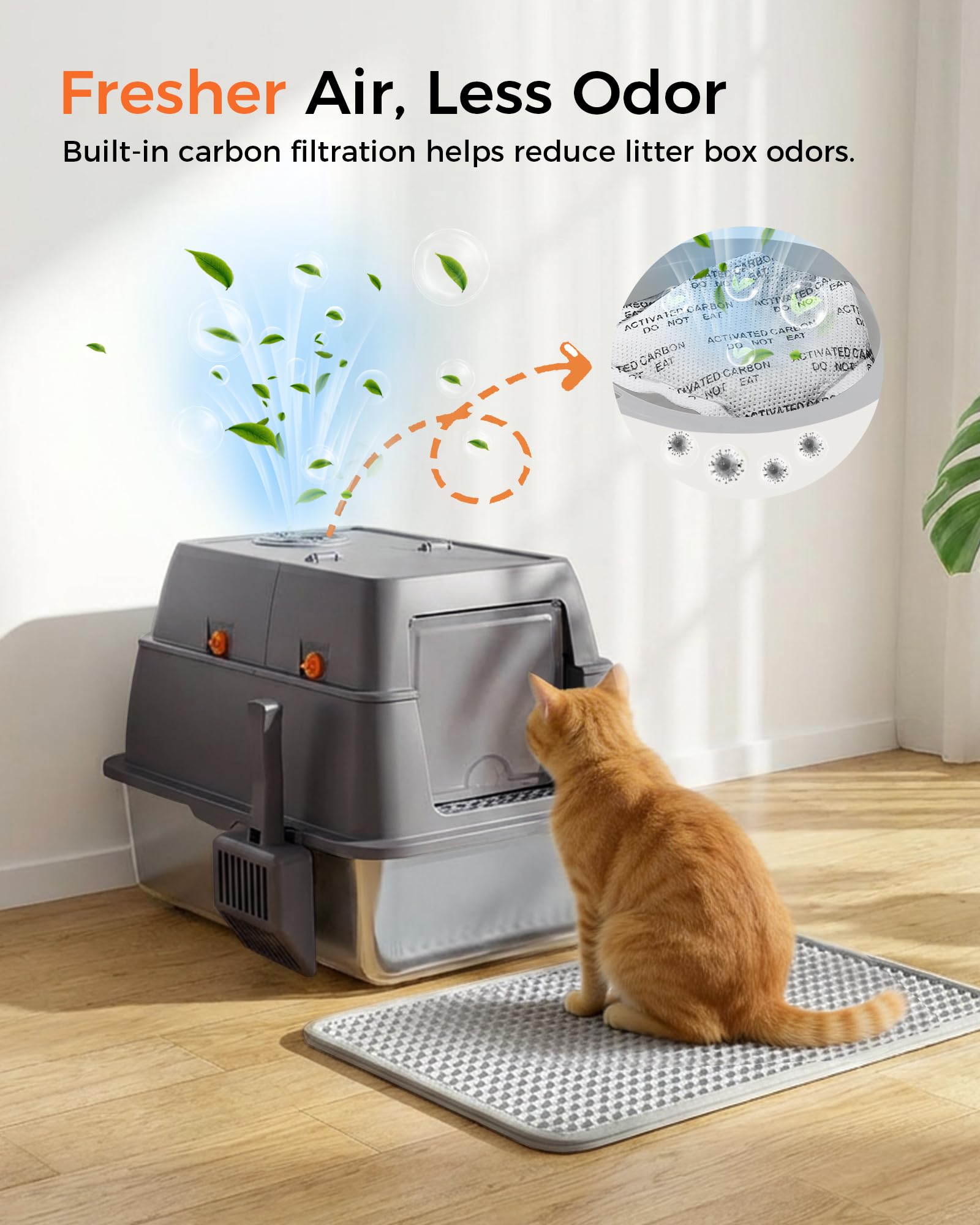 GTPLAYER XXL Stainless Steel Cat Litter Box with Lid, High Sided Enclosed Covered Litterbox, Activated Carbon Odor Control, Extra Large Metal Cat Box, Non-Stick, with Mat & Scoop, Grey - image 3